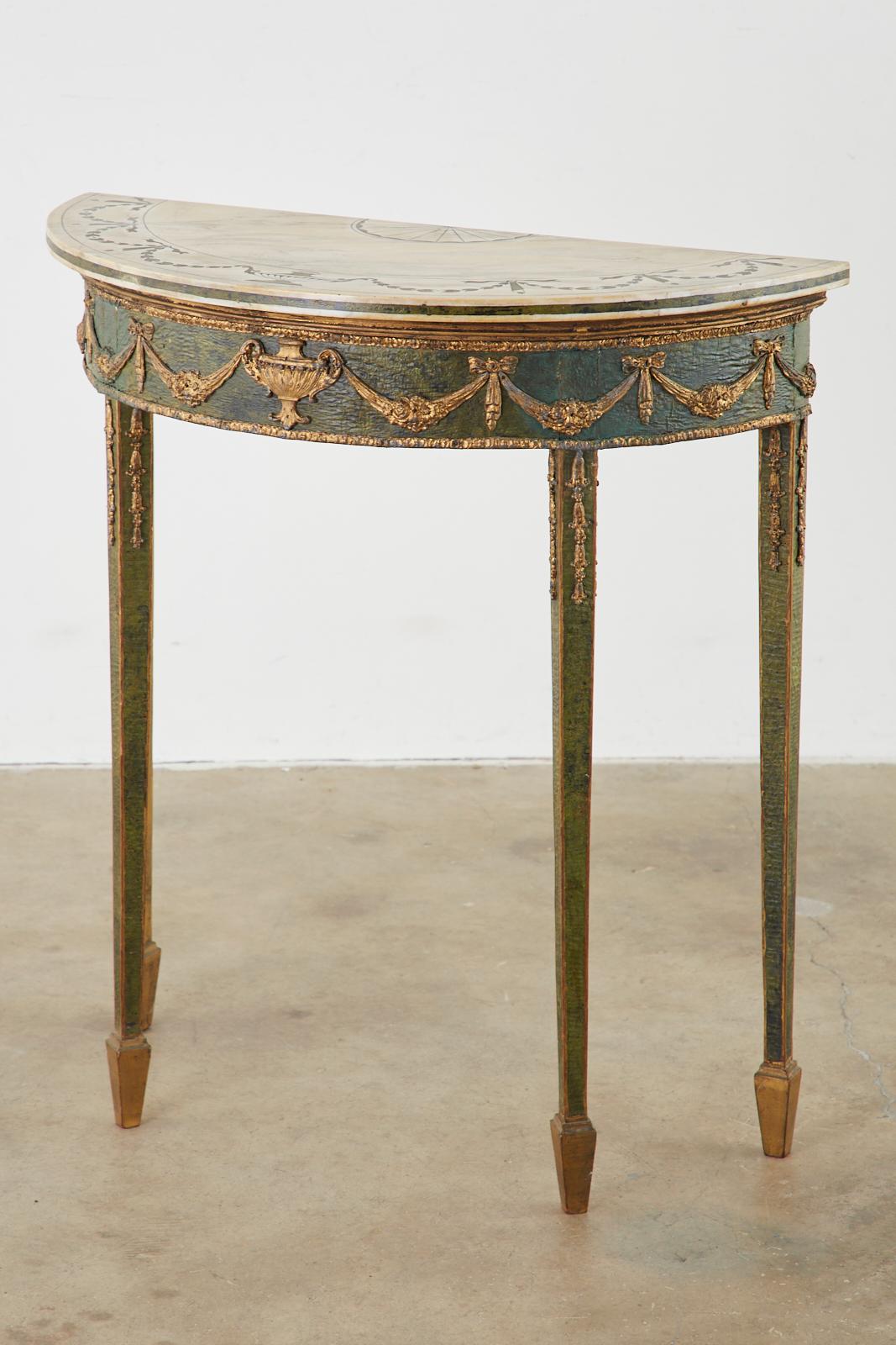 Fine pair of matched neoclassical Adamesque painted and ormolu bronze mounted demilune console tables. Each frieze centering a gilt bronze neoclassical urn flanked by swags of floral garlands and bows. The four elegant legs mounted with additional