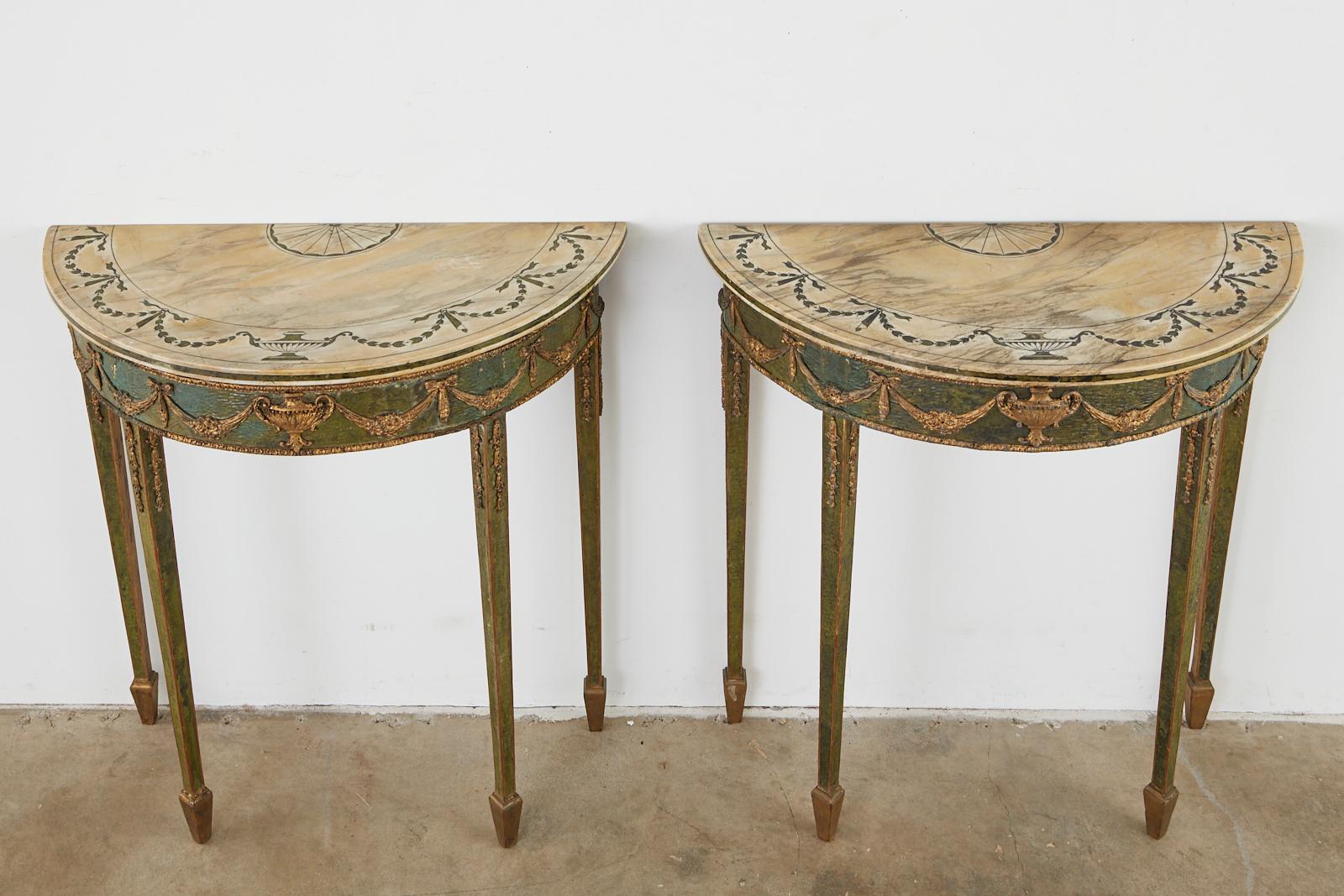 Hand-Crafted 18th Century English Adams Demilune Consoles with Scagliola Marble Tops