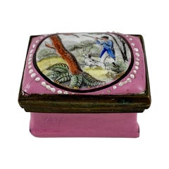 18th Century English Bilston Enamel Snuff Box, Hunter and His Spotted Bird Dog