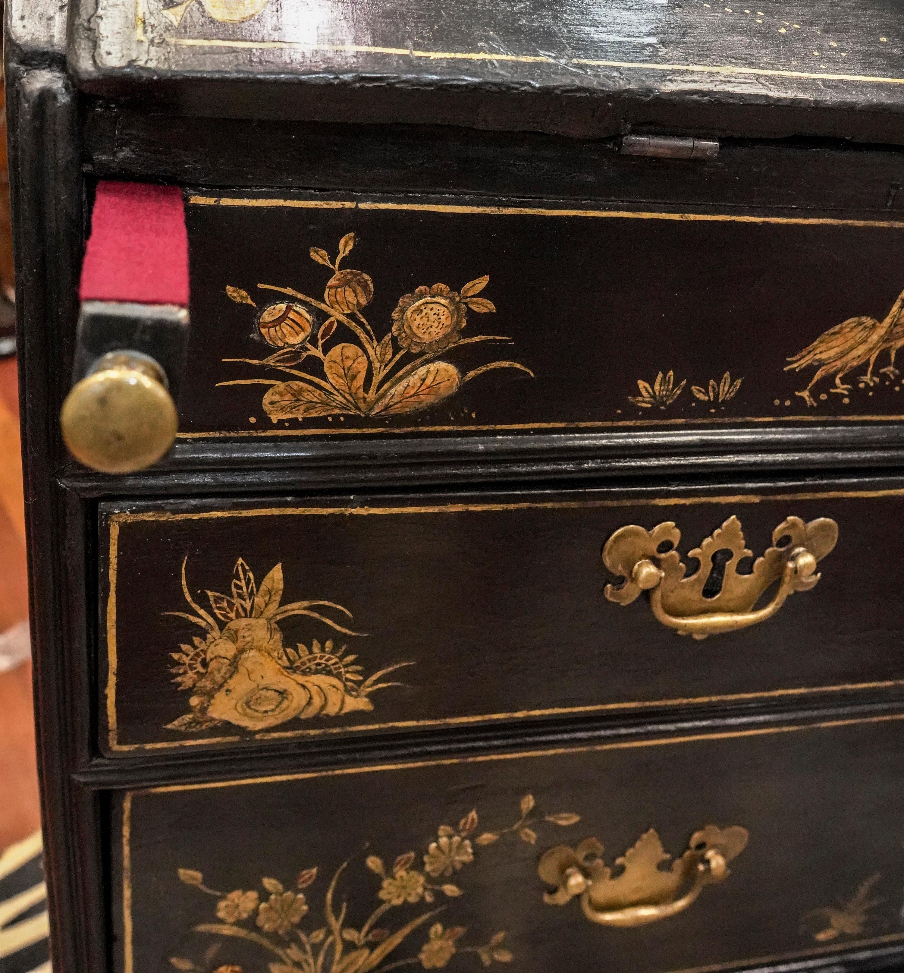 18th Century English Black Lacquered and Gold Painted Wood Bureau Chest 9