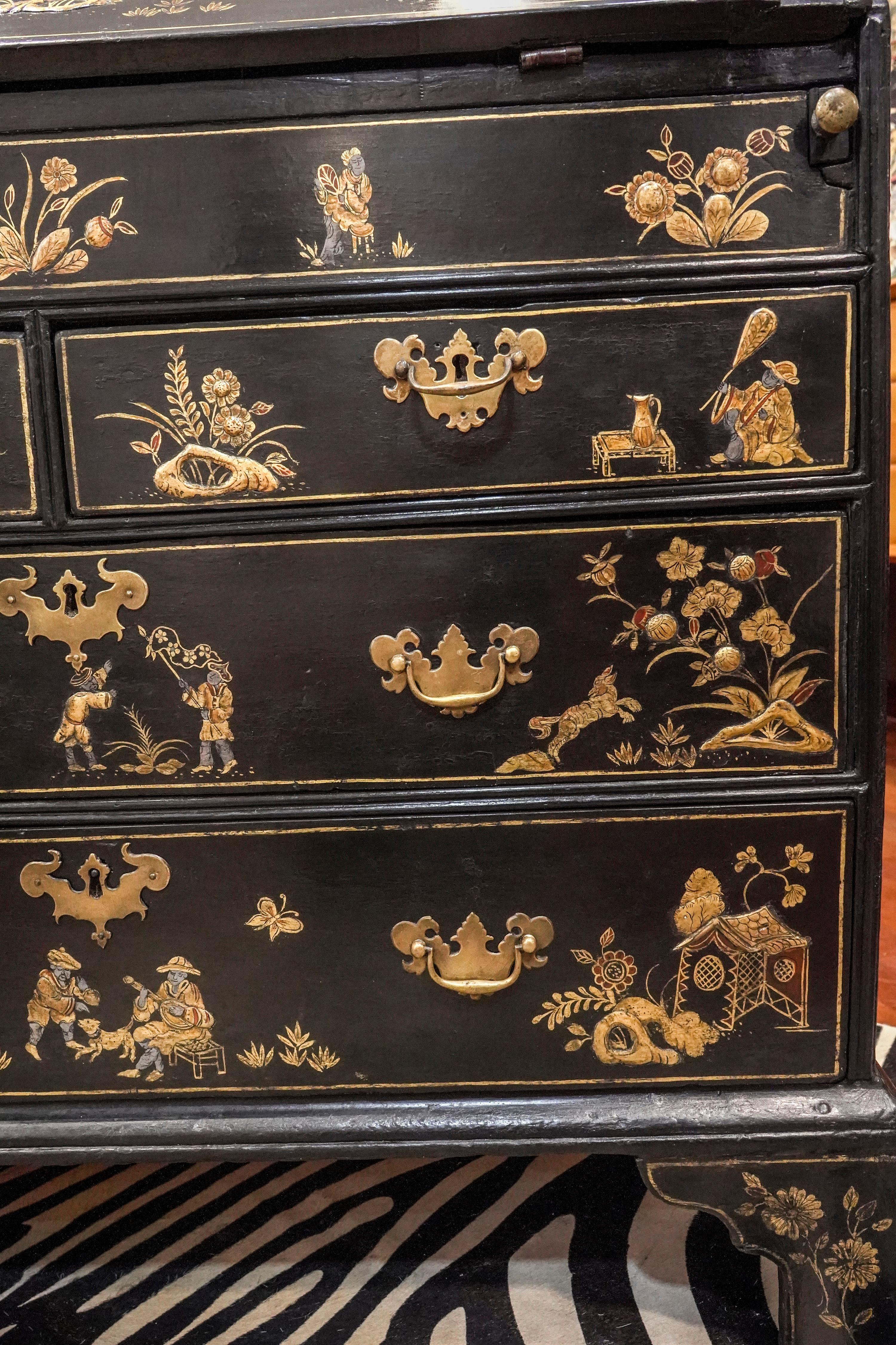 18th Century English Black Lacquered and Gold Painted Wood Bureau Chest 12