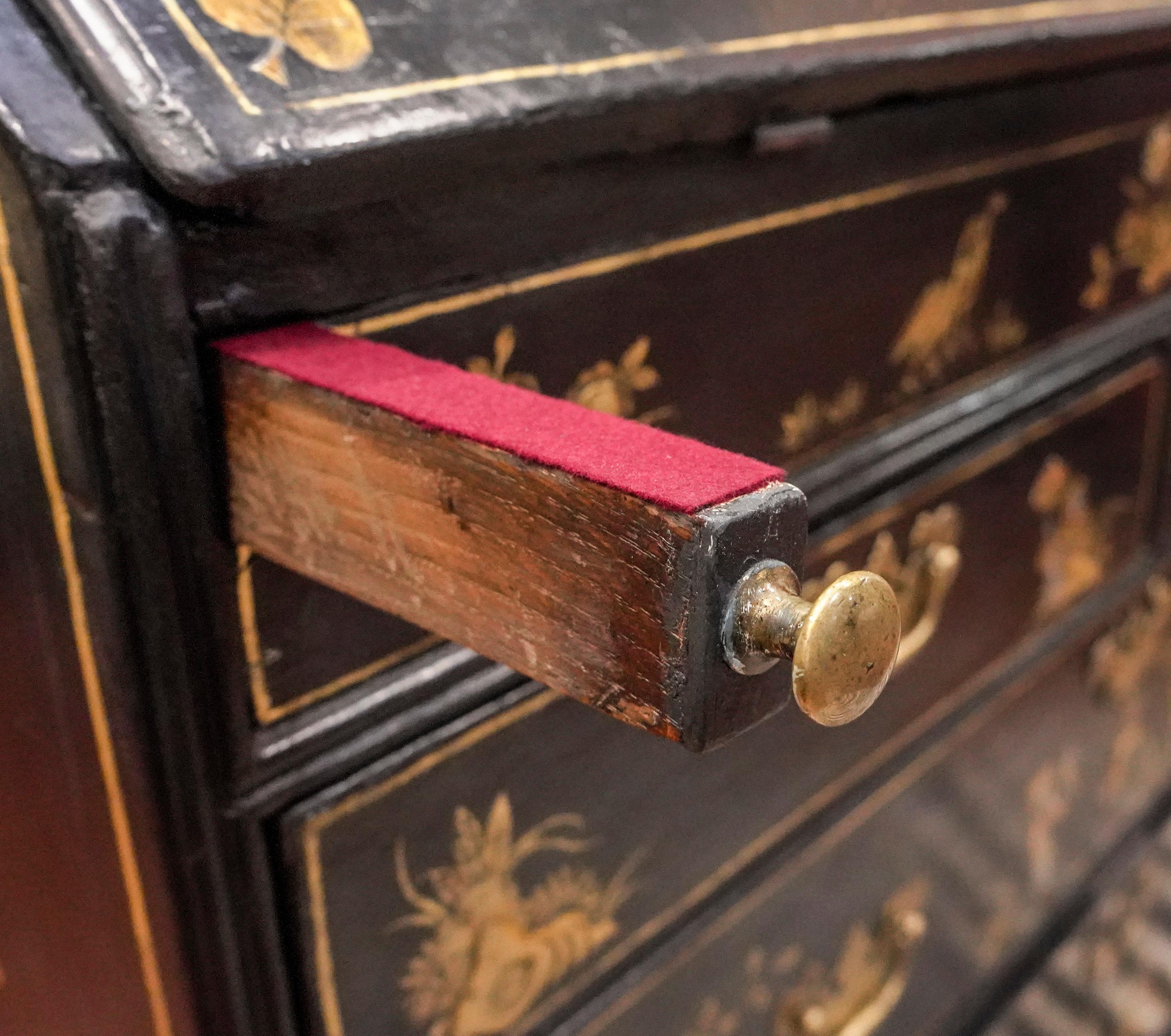 18th Century English Black Lacquered and Gold Painted Wood Bureau Chest 14
