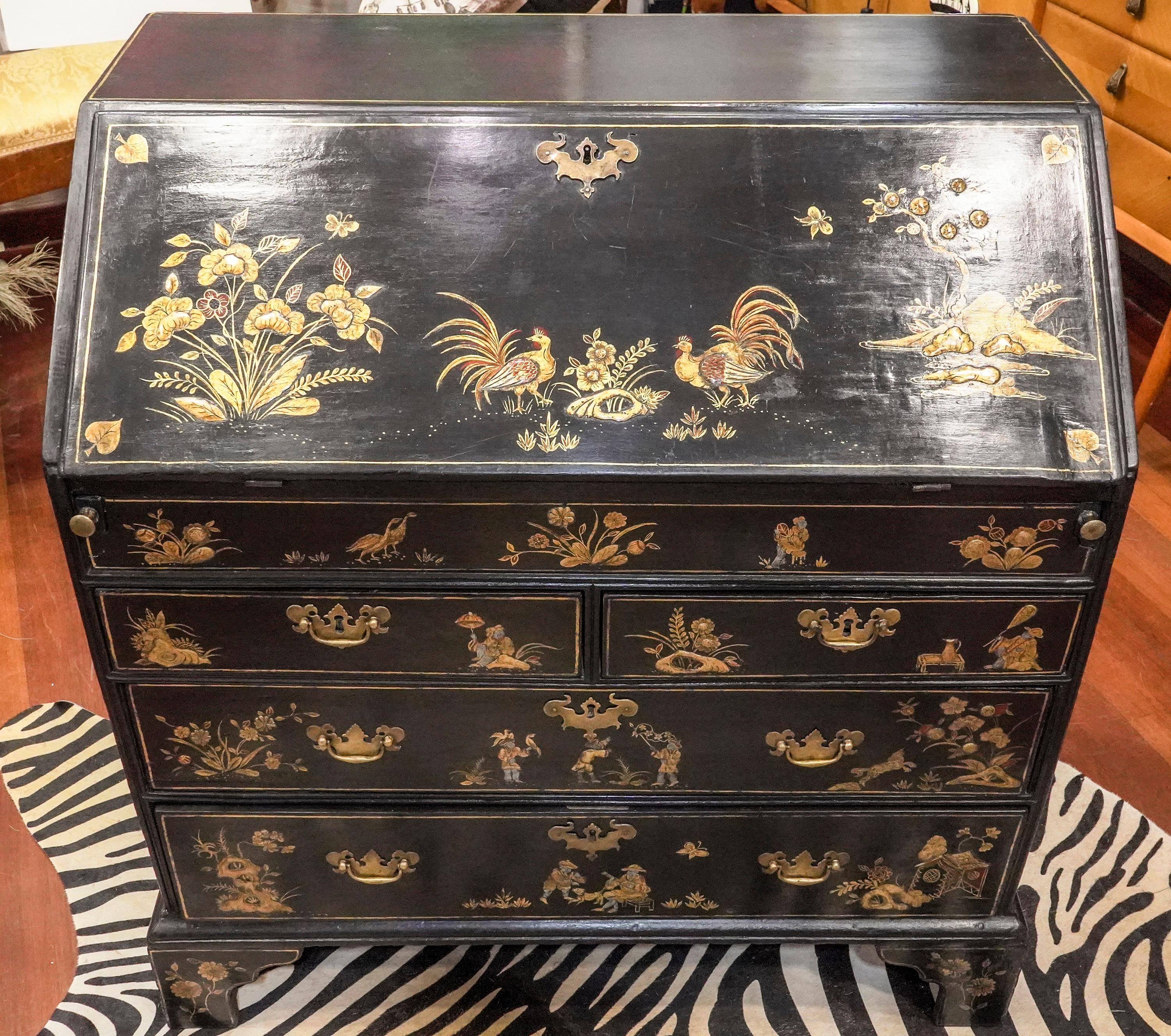 Chinese Chippendale 18th Century English Black Lacquered and Gold Painted Wood Bureau Chest