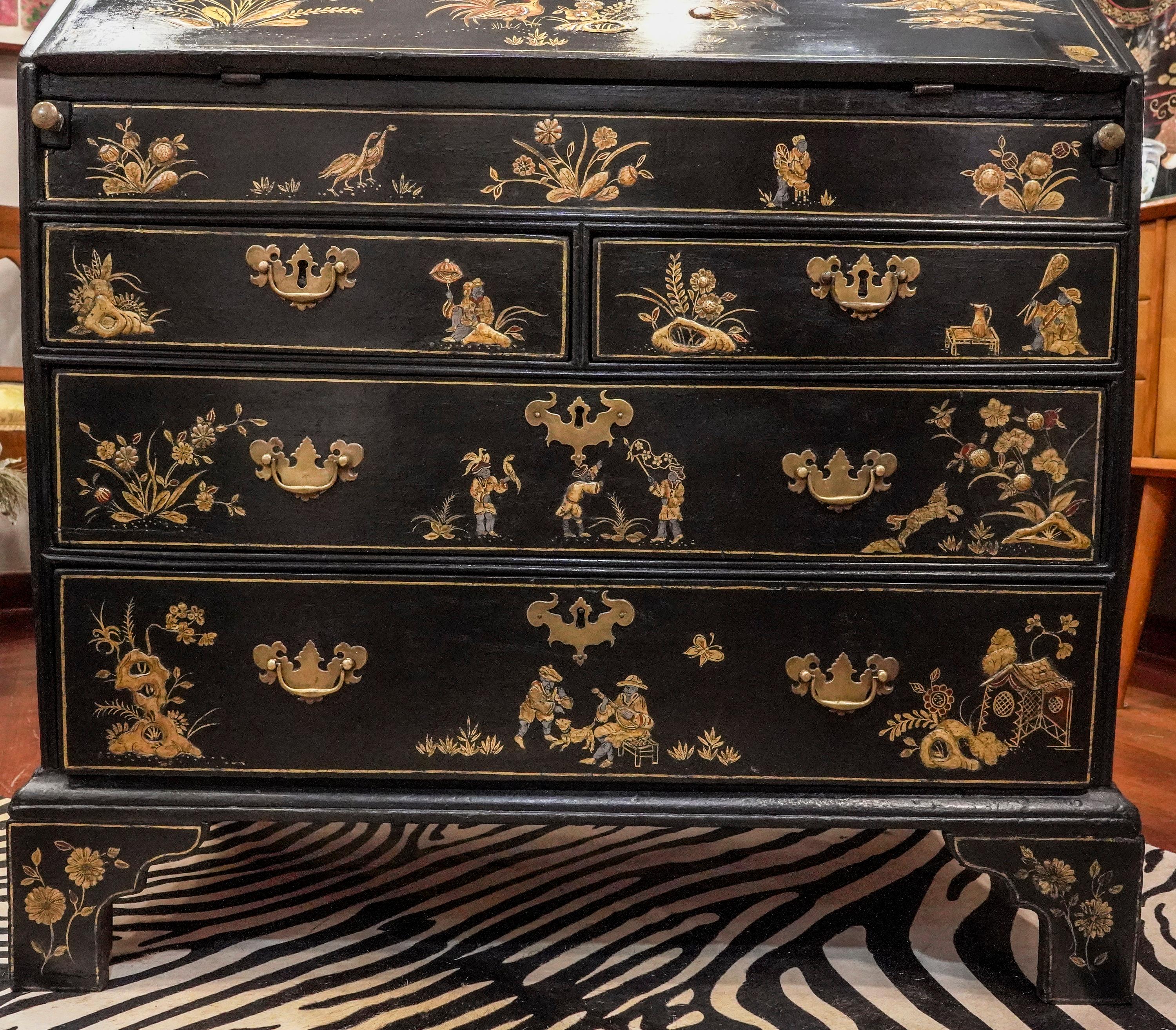 Hand-Crafted 18th Century English Black Lacquered and Gold Painted Wood Bureau Chest