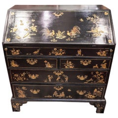 18th Century English Black Lacquered and Gold Painted Wood Bureau Chest