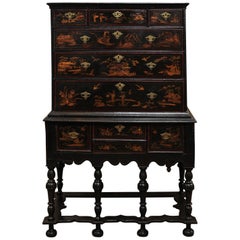 18th Century English Black Painted Chinoiserie Chest on Stand