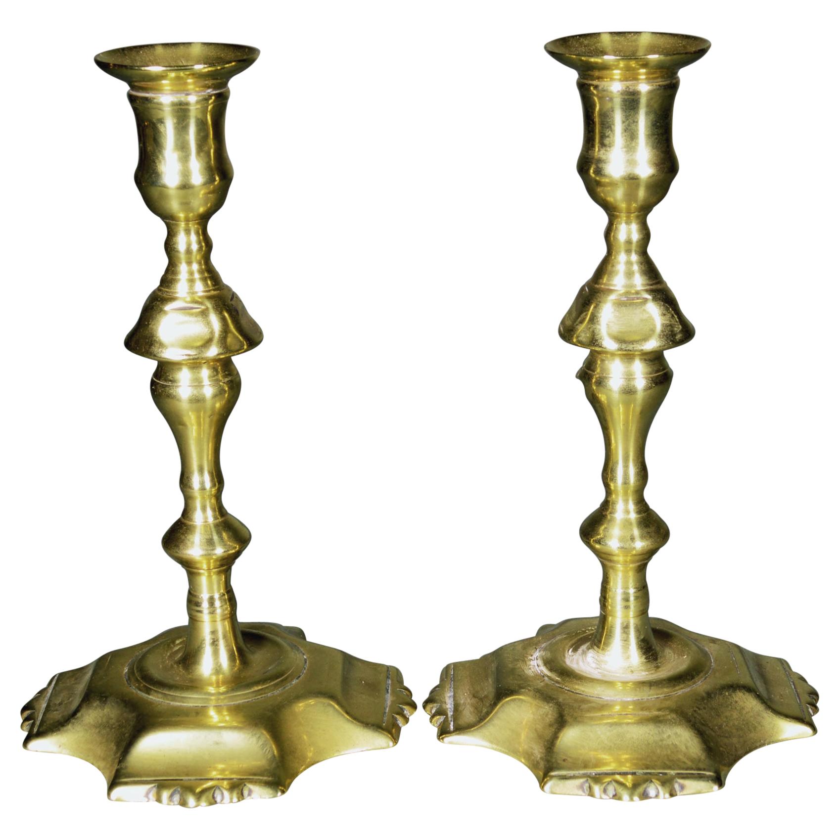 18th Century English Brass Petal-Base Candlesticks