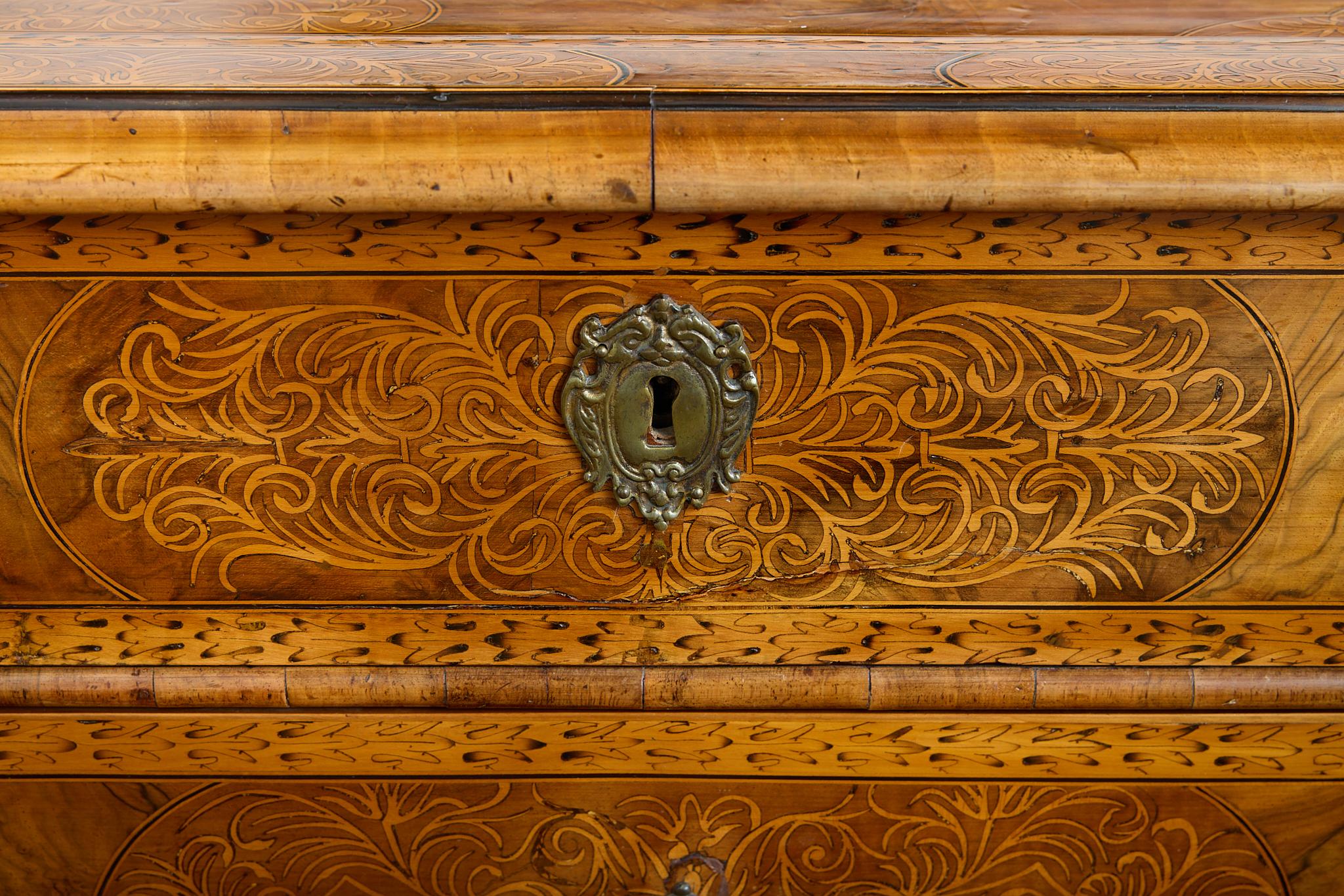 Fruitwood  18th Century English,  Burled Walnut, Inlaid Chest of Drawers For Sale