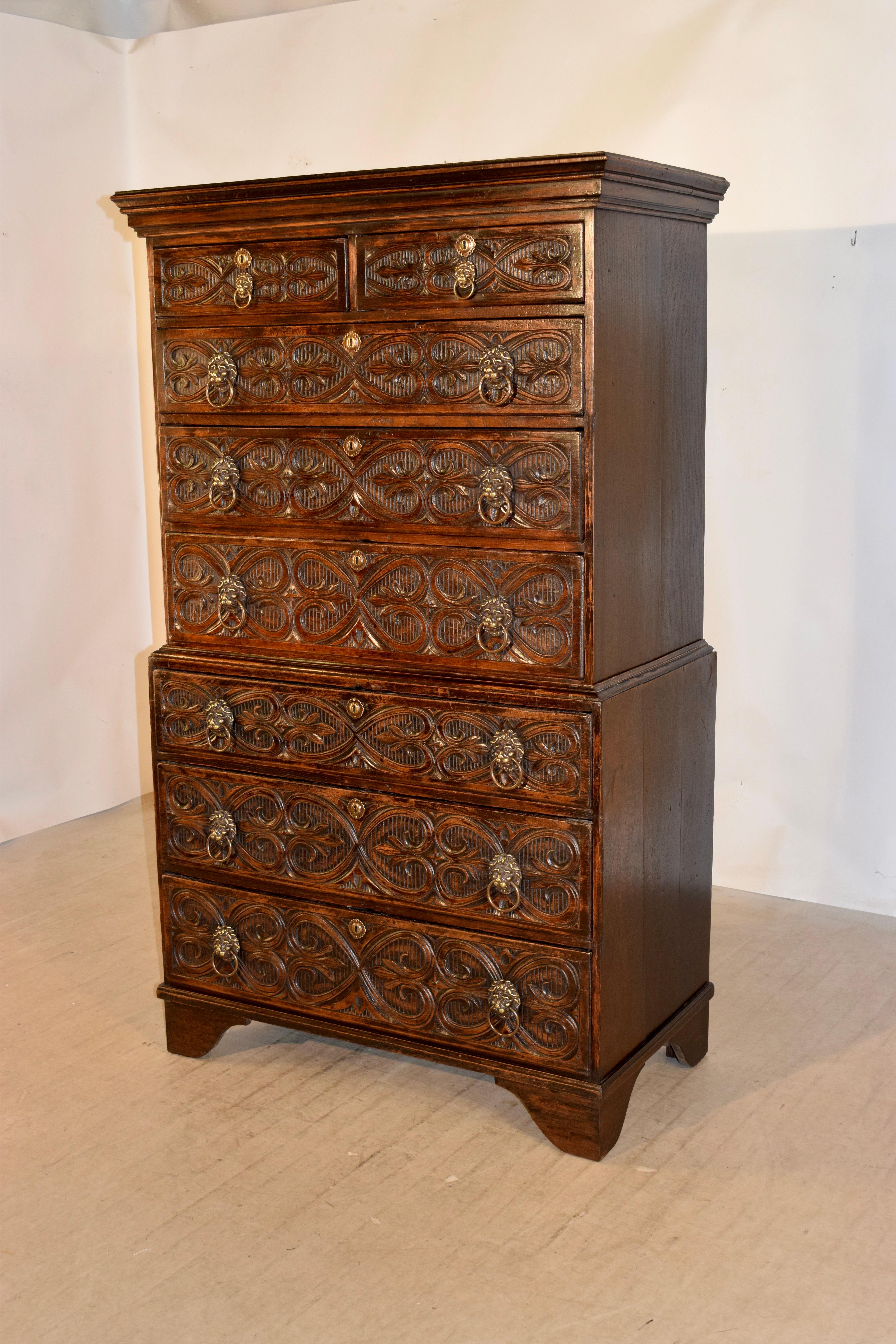 Brass 18th Century English Carved Chest on Chest For Sale