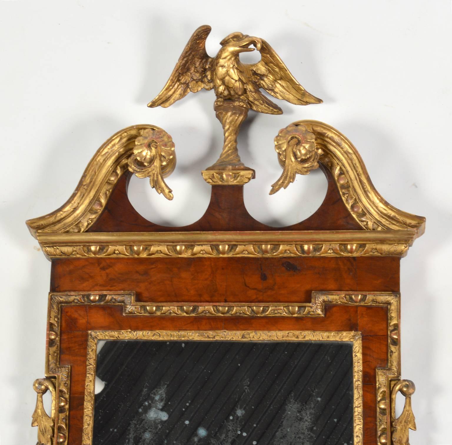 Georgian 18th Century English Carved Giltwood and Parquetry Eagle Crested Wall Mirror