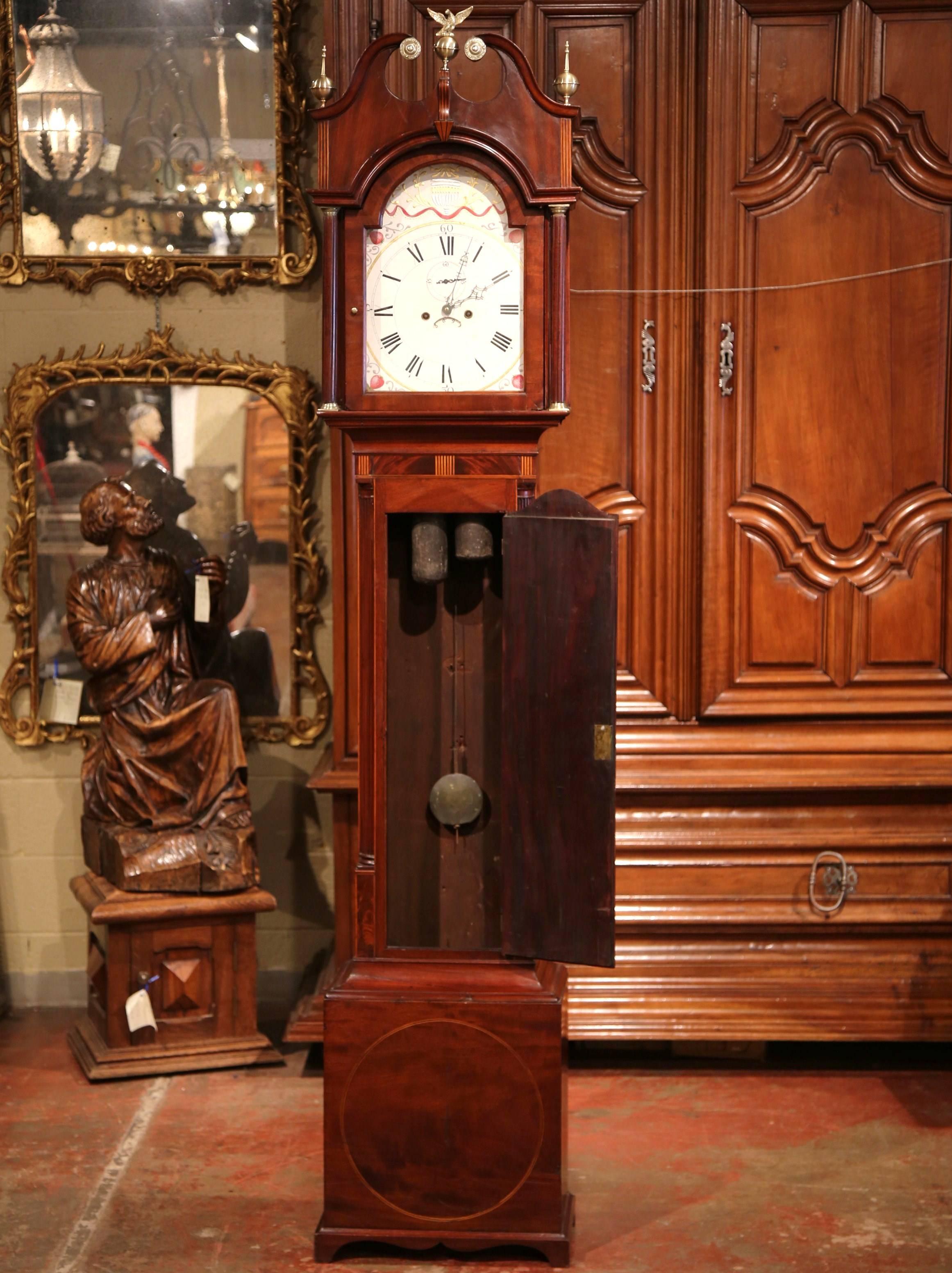 18th Century English Carved Mahogany Tall Case Clock with Brass Mounts In Excellent Condition In Dallas, TX