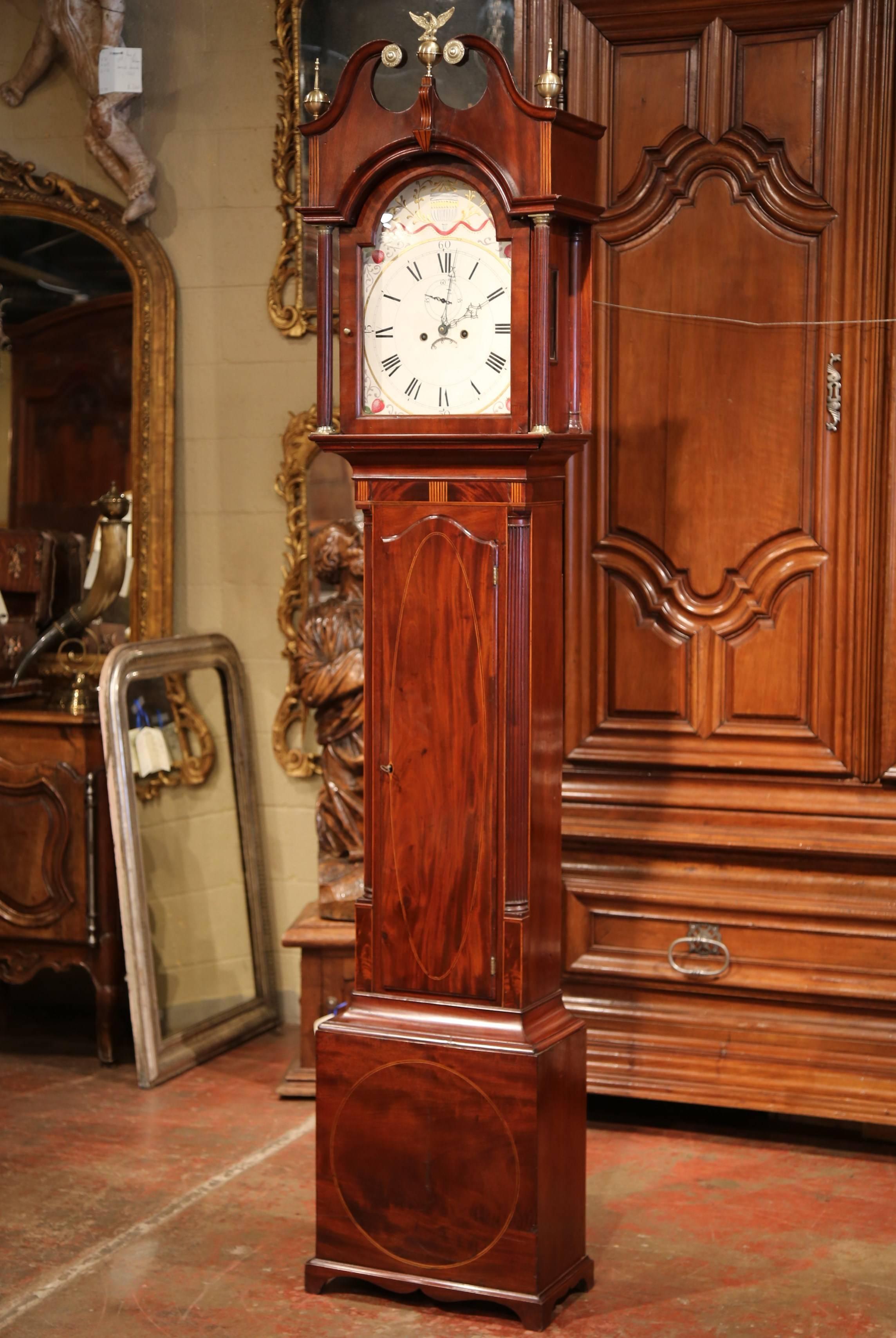 18th Century English Carved Mahogany Tall Case Clock with Brass Mounts 1