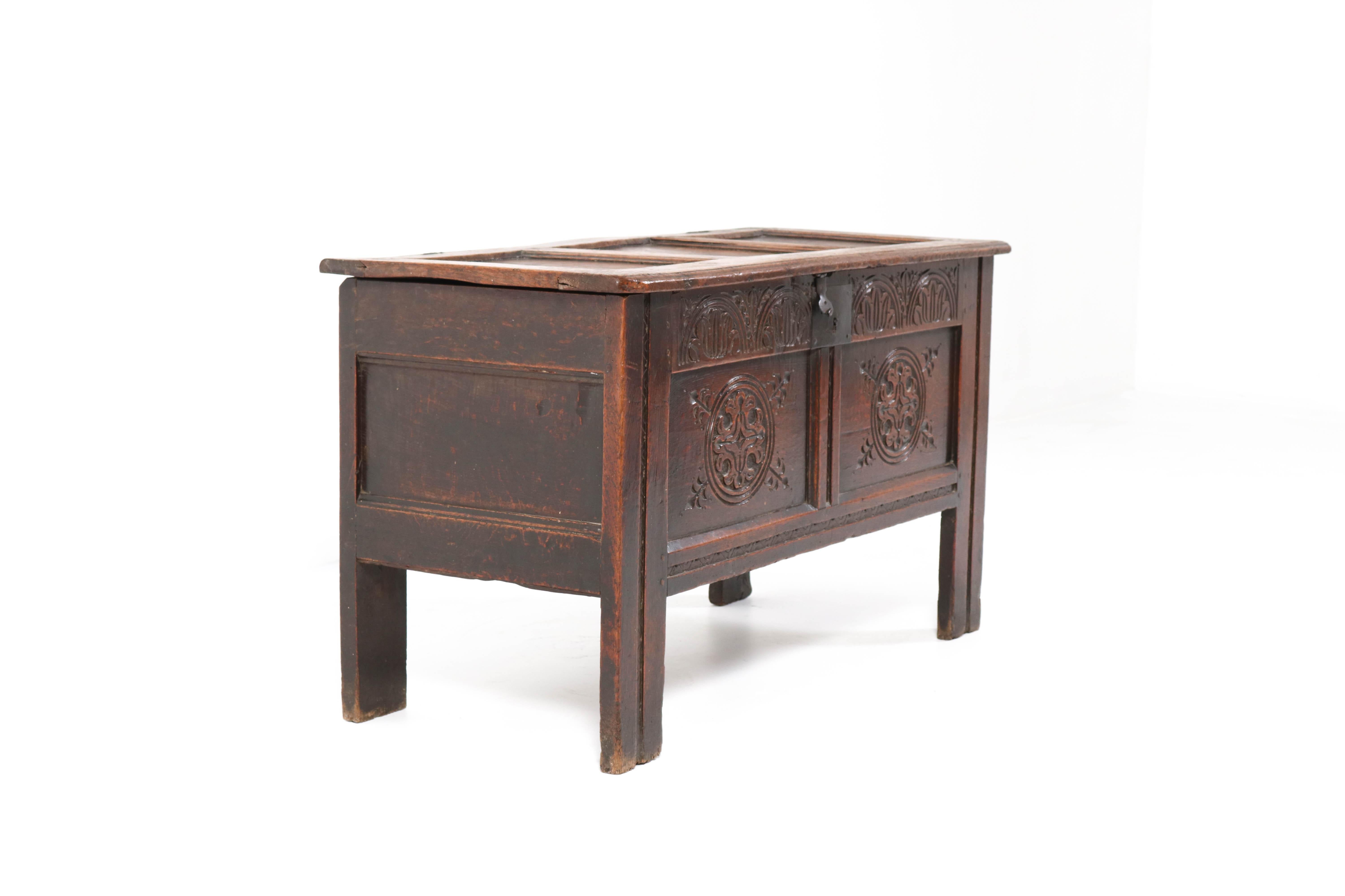 Wonderful 18th century blanket chest or coffer.
Solid carved oak with a beautiful patina.