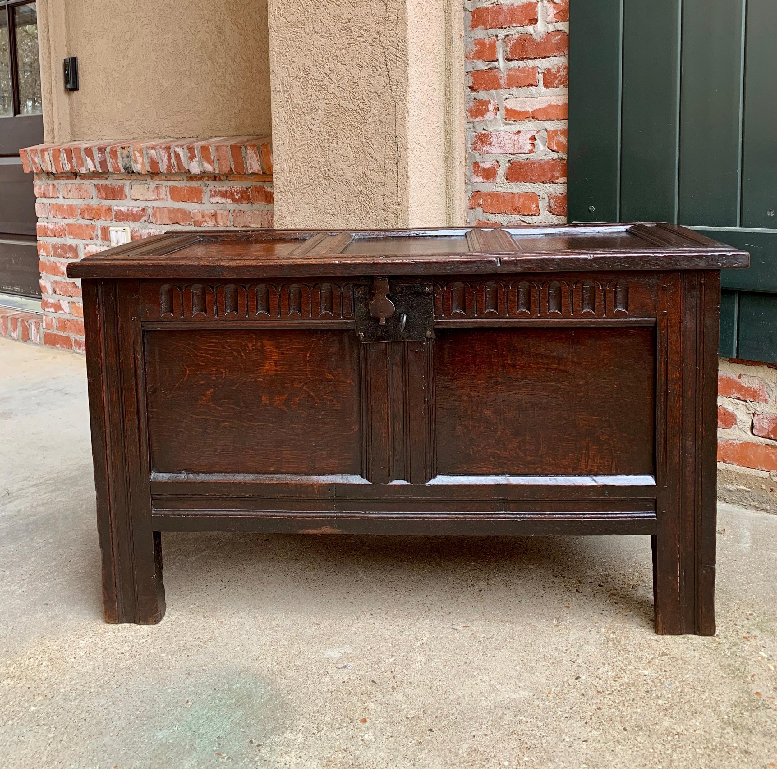 Antique English Carved Oak Coffer Trunk Chest Coffee Table Blanket Box c1770 For Sale 5