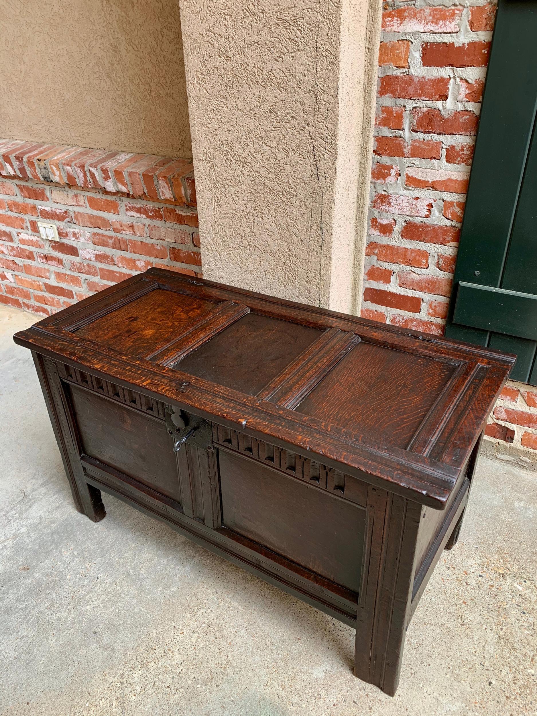 Jacobean Antique English Carved Oak Coffer Trunk Chest Coffee Table Blanket Box c1770 For Sale