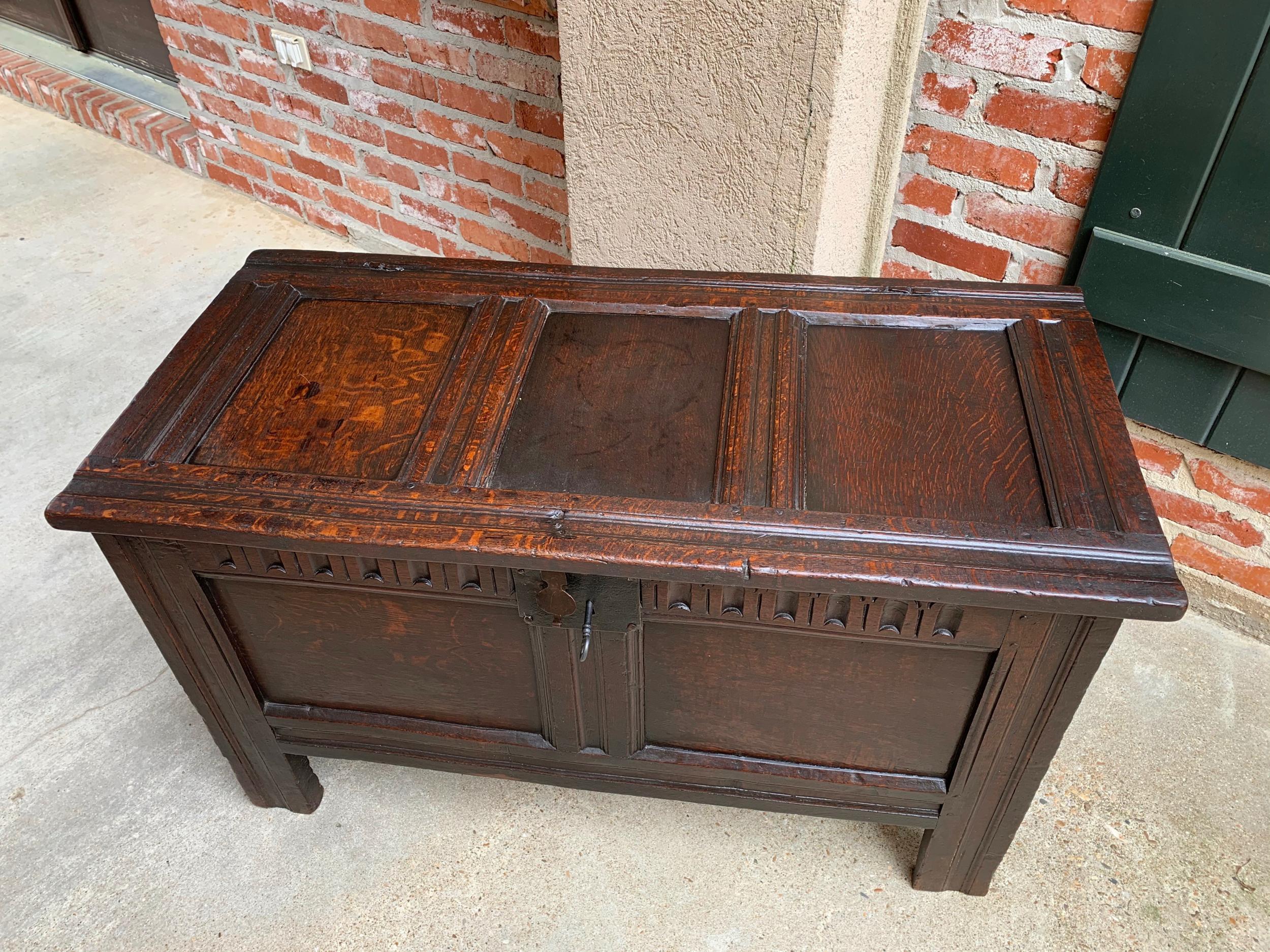 British Antique English Carved Oak Coffer Trunk Chest Coffee Table Blanket Box c1770 For Sale