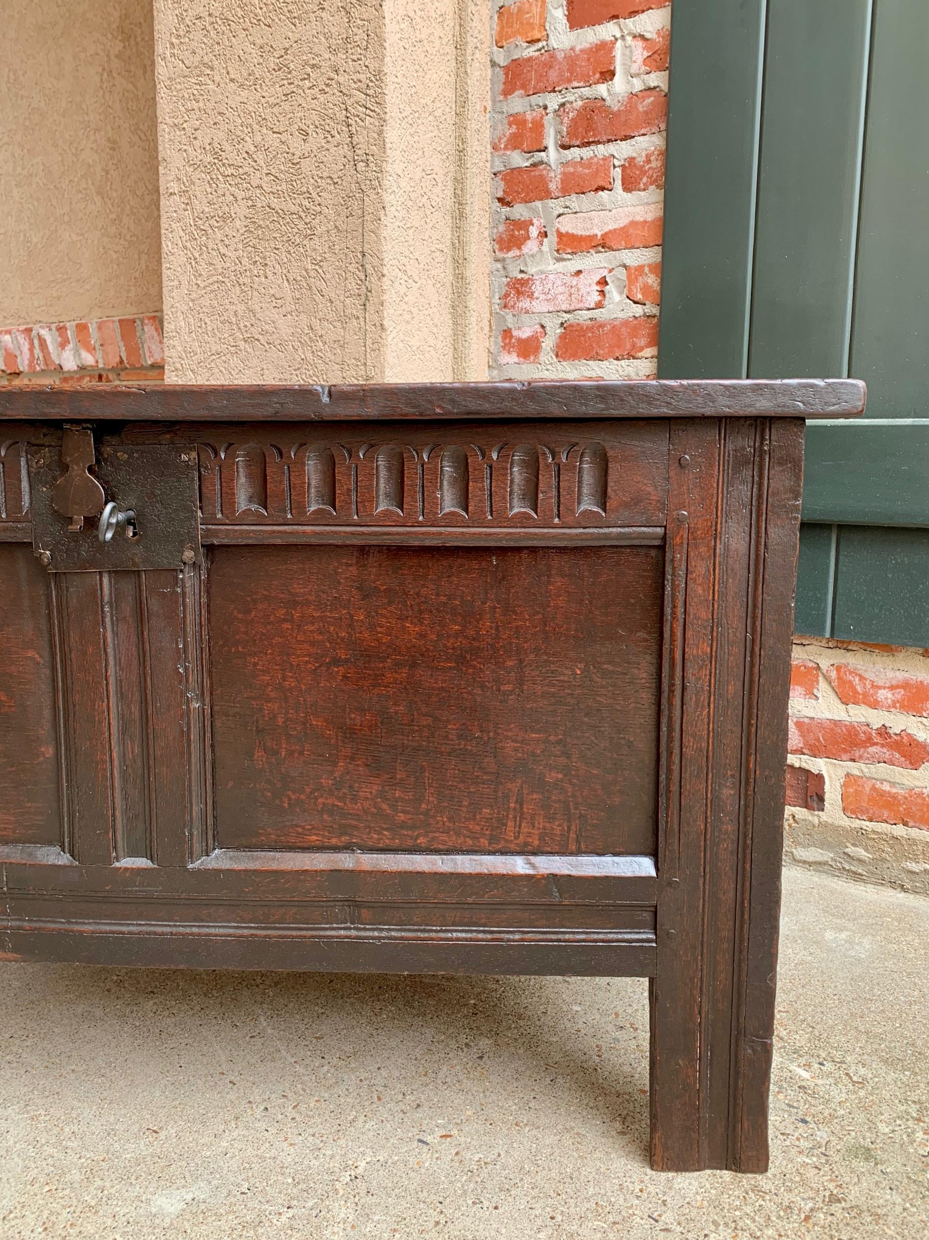 Hand-Carved Antique English Carved Oak Coffer Trunk Chest Coffee Table Blanket Box c1770 For Sale