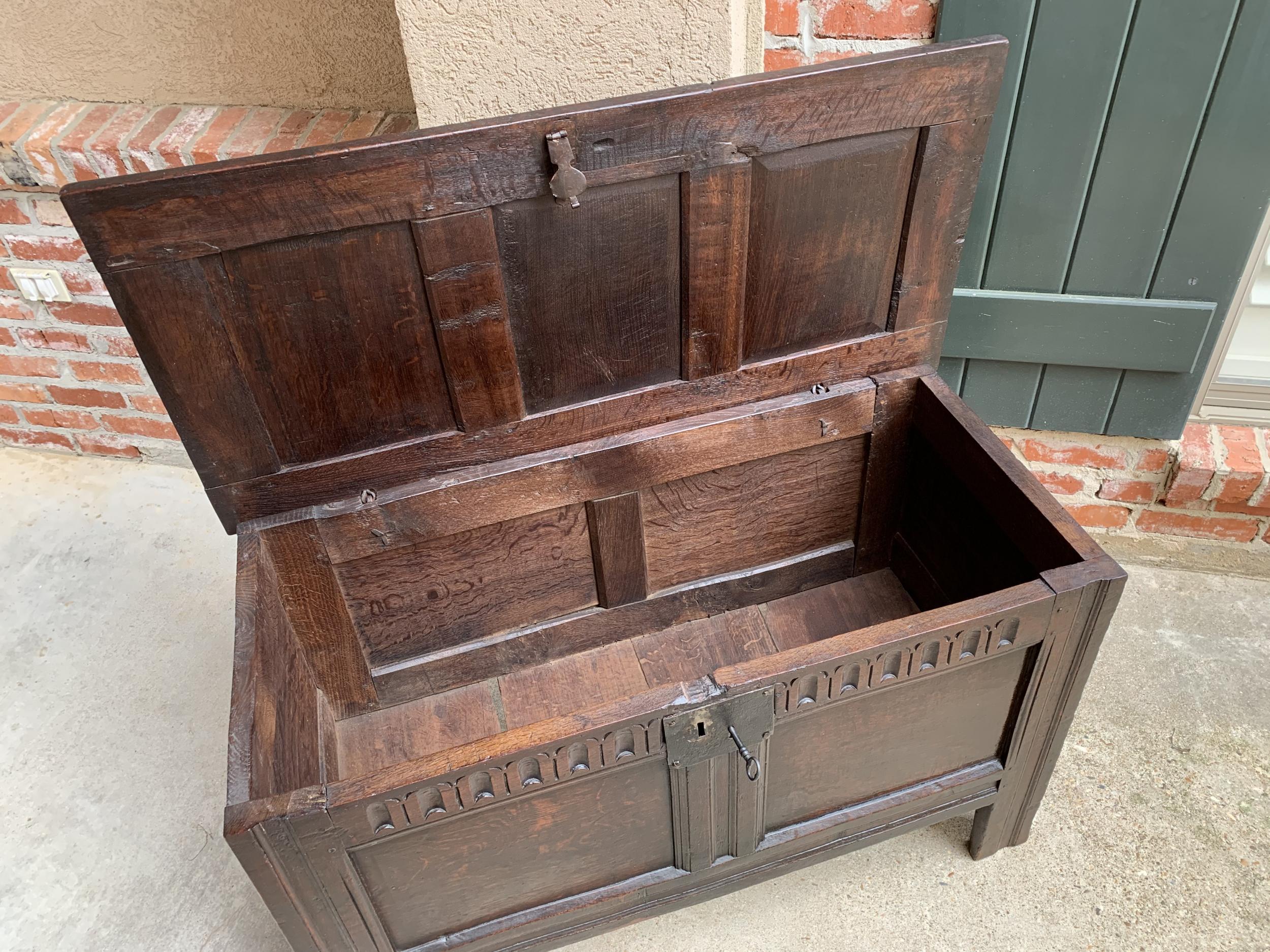 18th Century and Earlier Antique English Carved Oak Coffer Trunk Chest Coffee Table Blanket Box c1770 For Sale