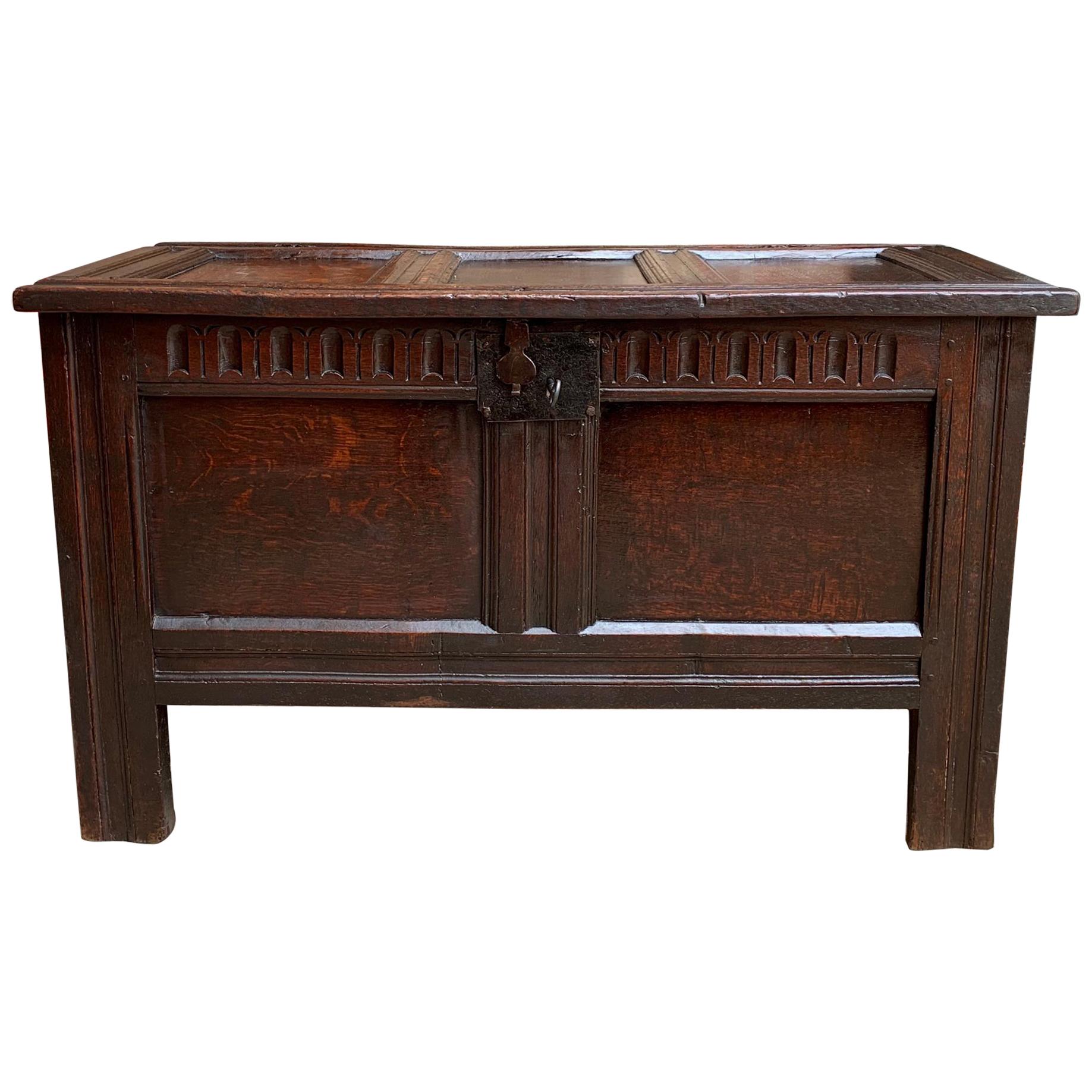 Antique English Carved Oak Coffer Trunk Chest Coffee Table Blanket Box c1770 For Sale