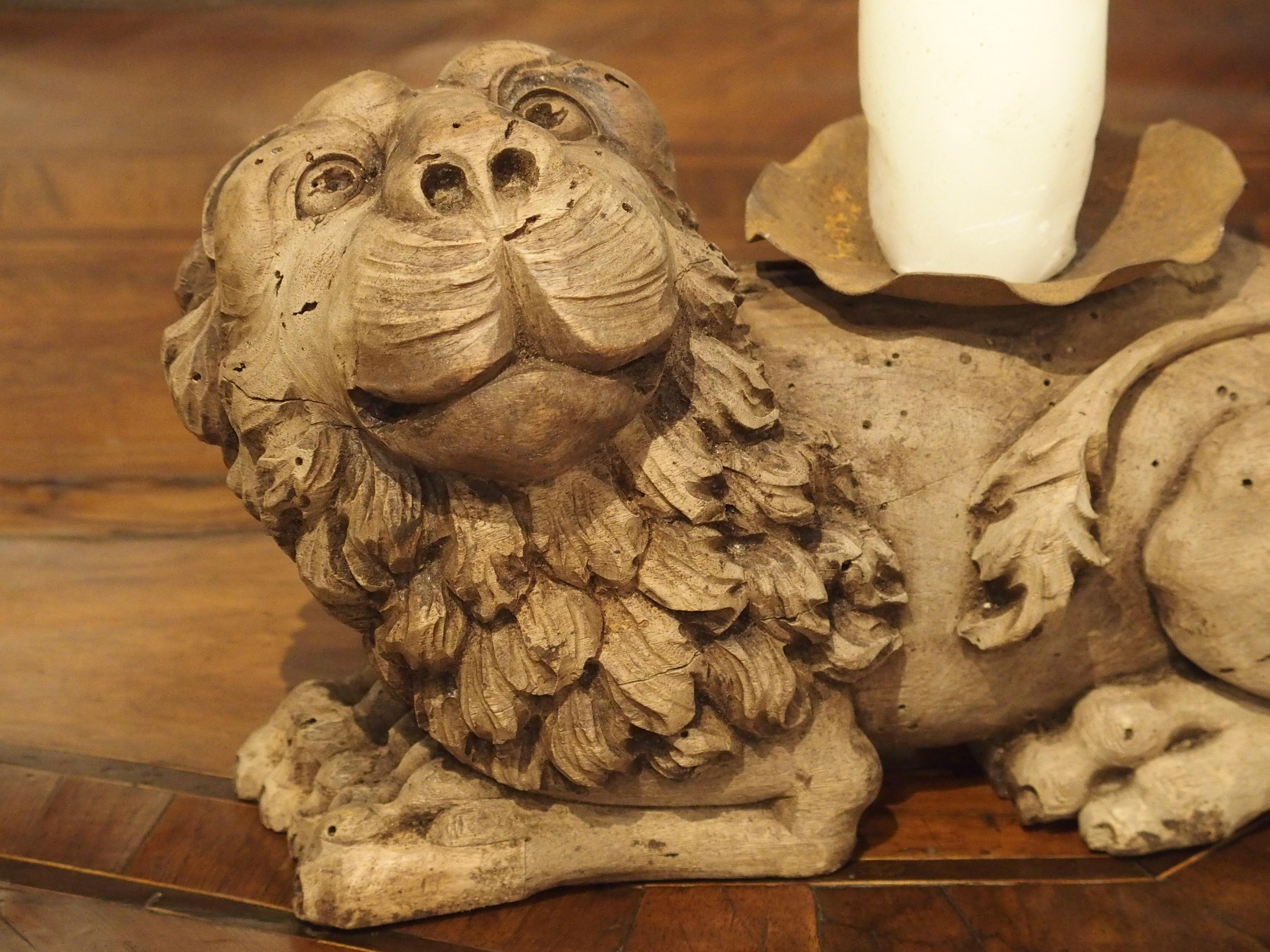 Bleached 18th Century English Carved Oak Lion Candleholder