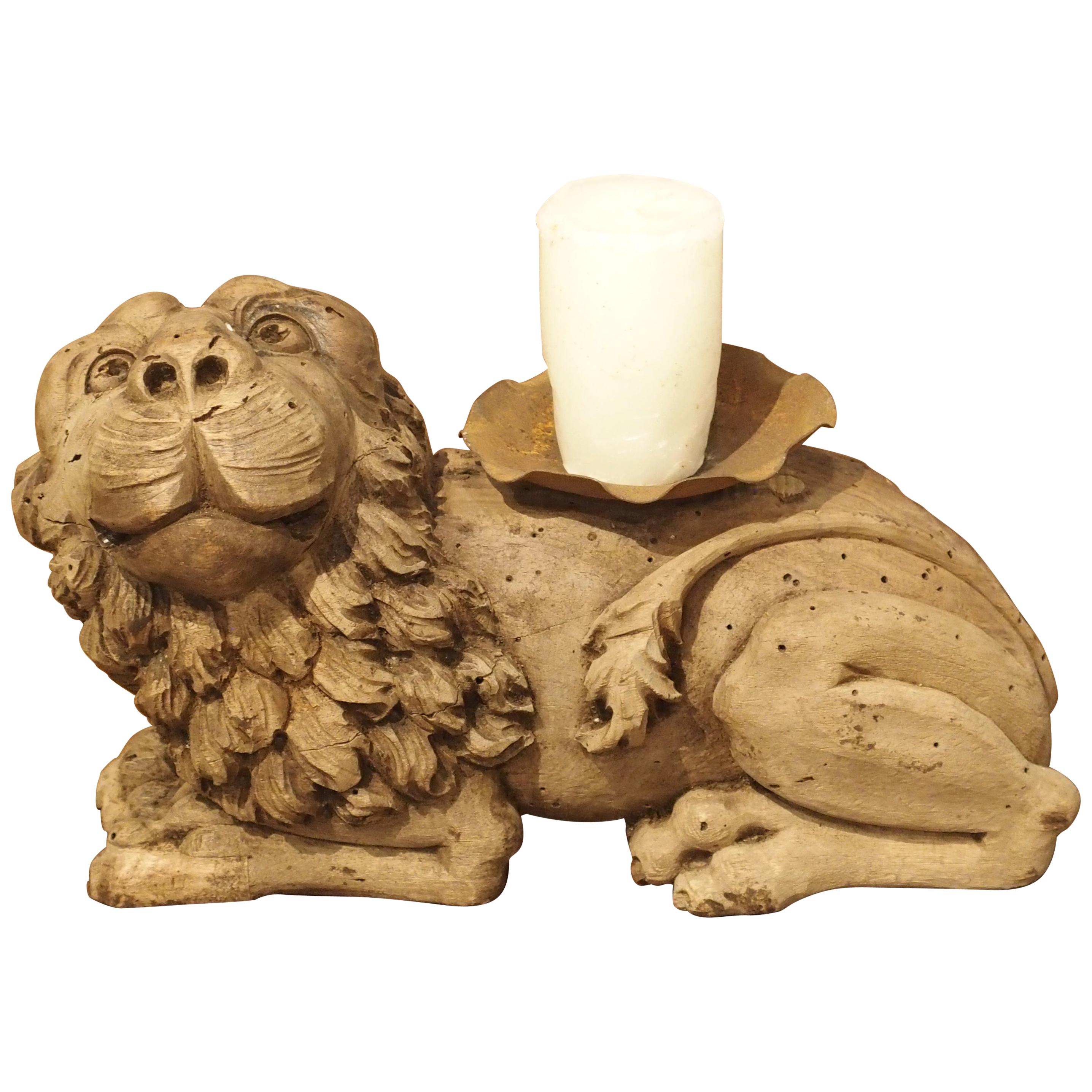 18th Century English Carved Oak Lion Candleholder