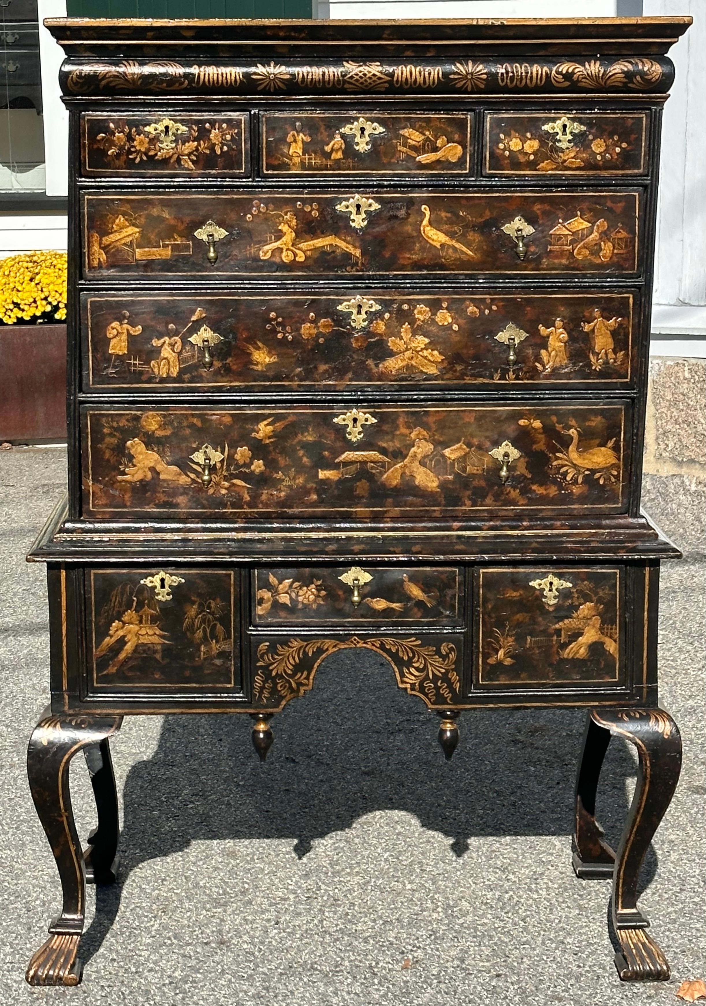 Fine English George I or Queen Anne Black Lacquered Chinoiserie Chest on Stand.  Original Chinoise Design with figures, exotic birds, temples and architecture.  Great patina and retention of its primary faux tortoise shell paint.  Multiple drawers