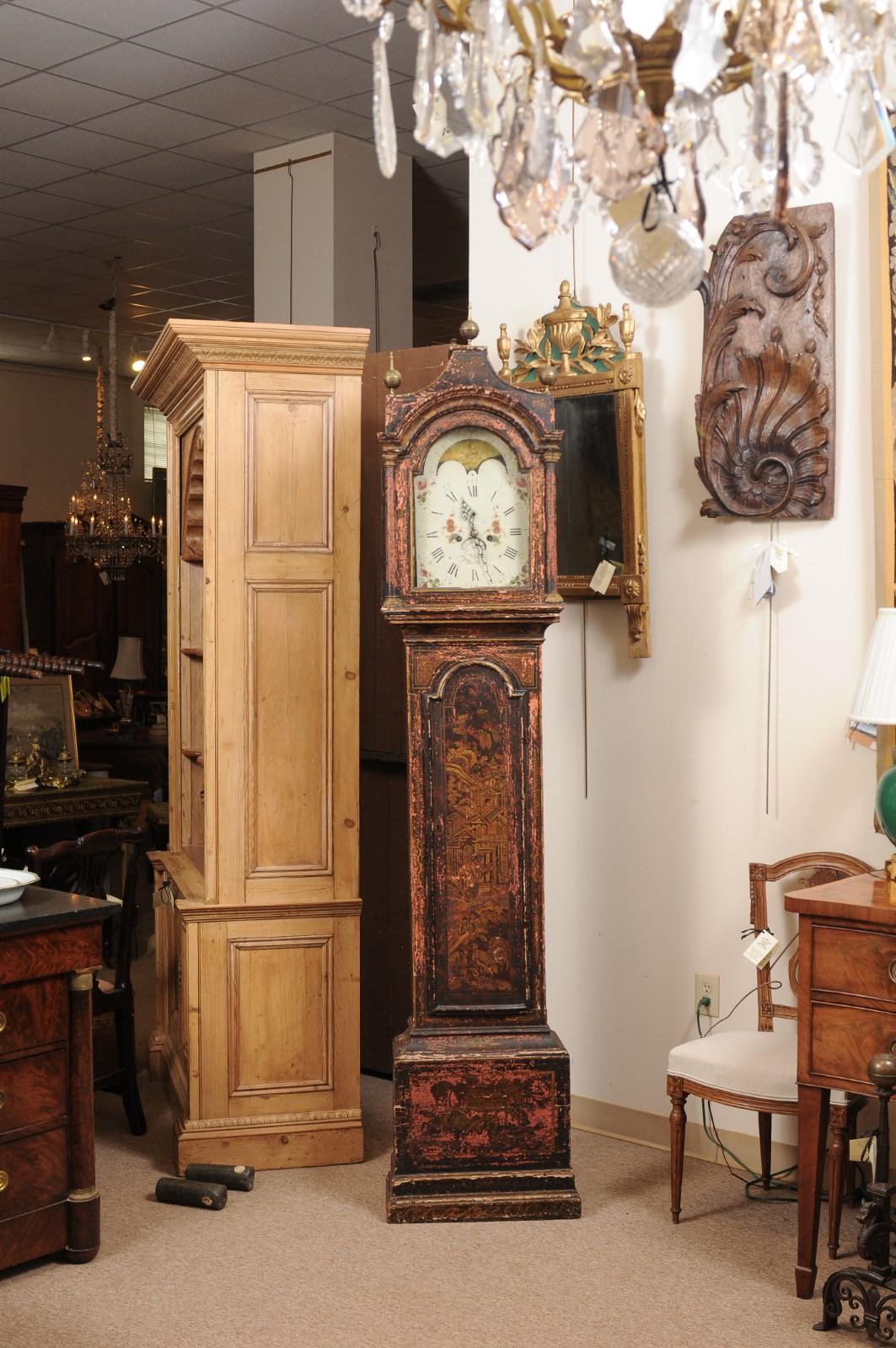 Hand-Painted 18th Century English Chinoiserie Decorated Longcase Clock with Painted Face