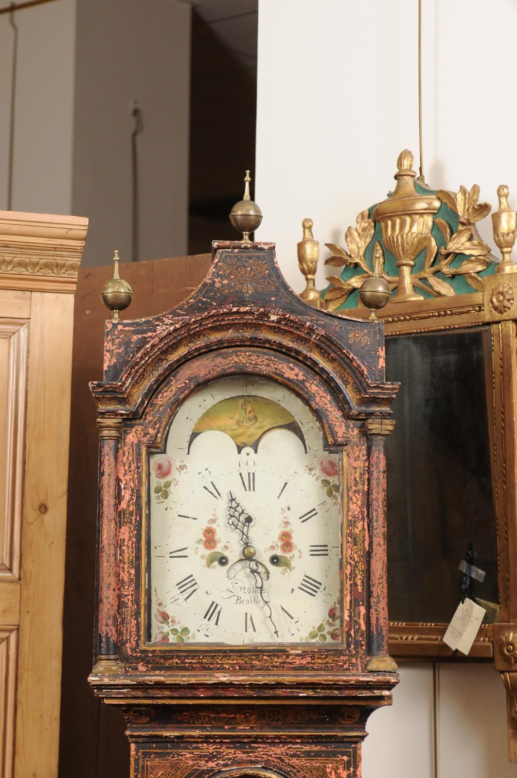 18th Century English Chinoiserie Decorated Longcase Clock with Painted Face In Good Condition In Atlanta, GA