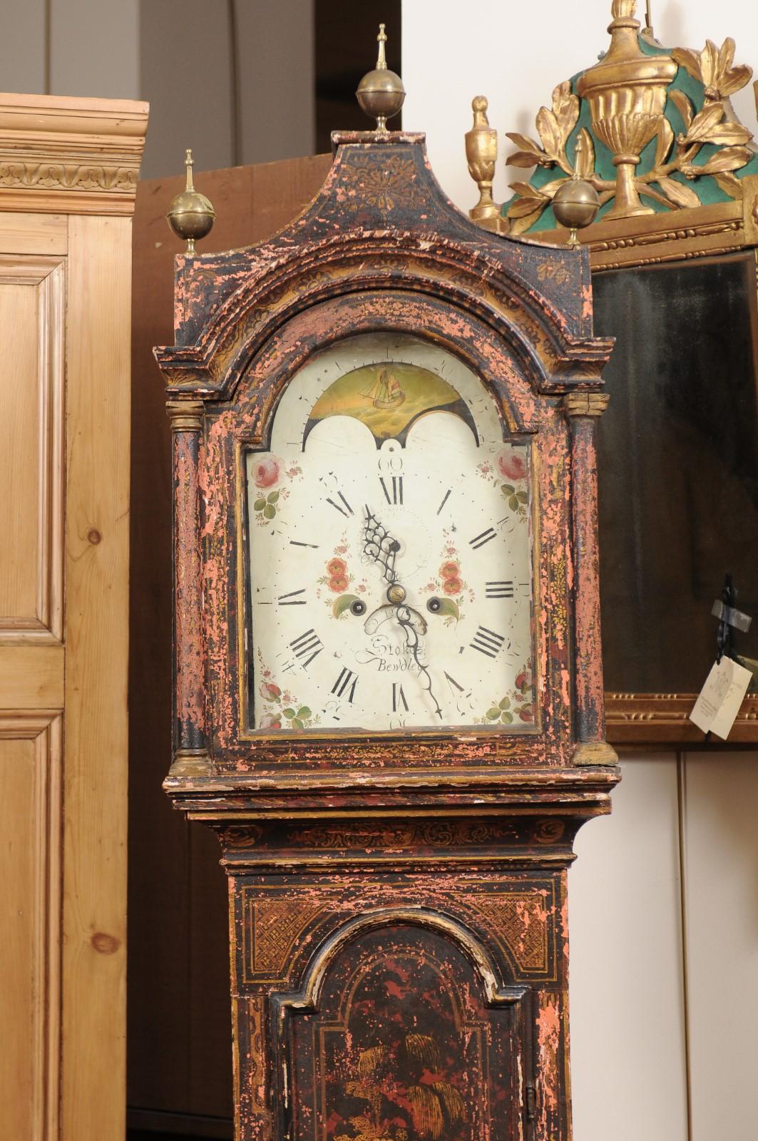 18th Century and Earlier 18th Century English Chinoiserie Decorated Longcase Clock with Painted Face