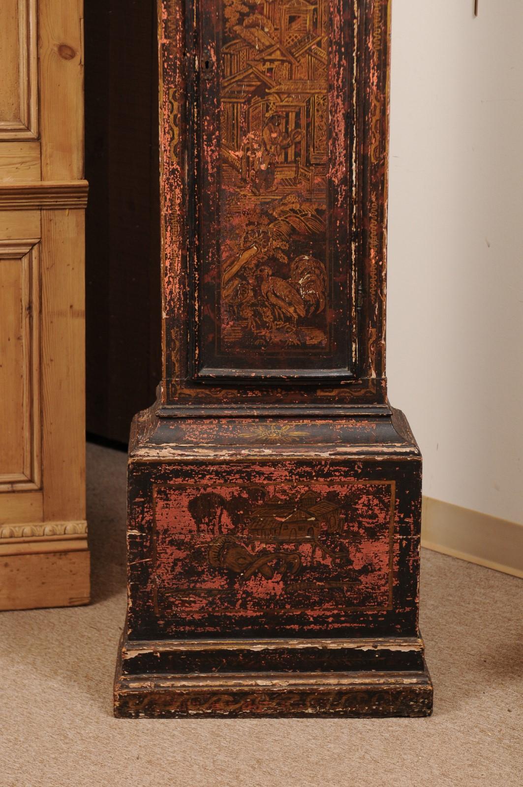 18th Century English Chinoiserie Decorated Longcase Clock with Painted Face 1