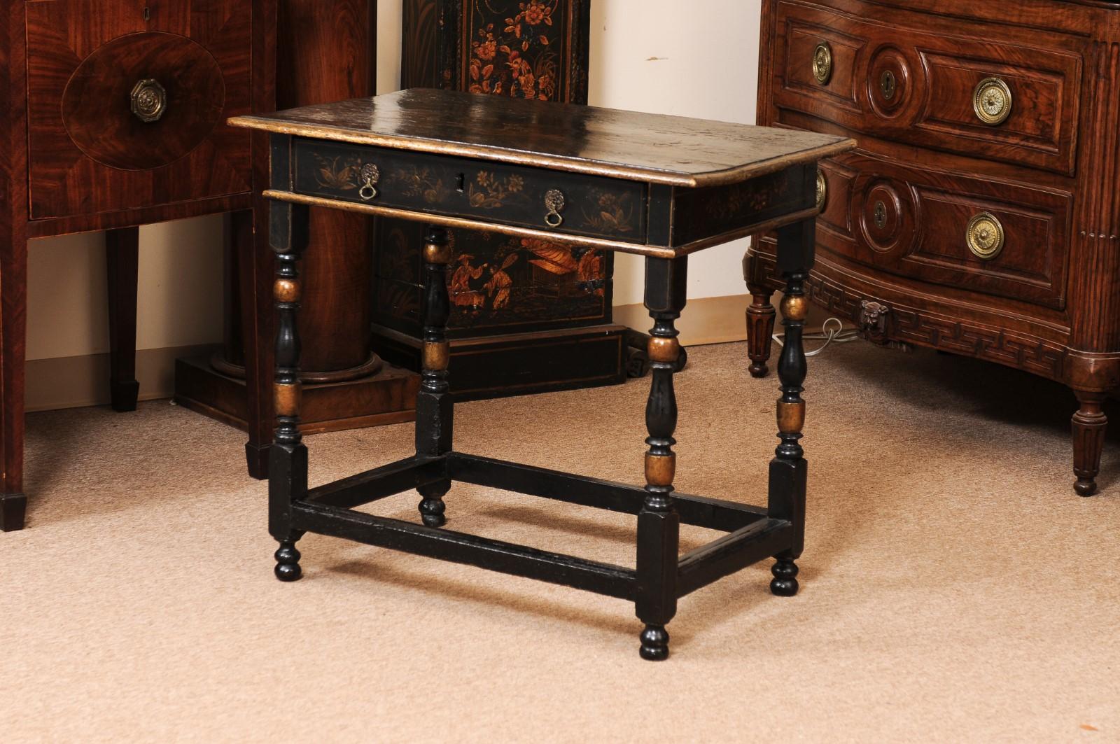 18th Century English Chinoiserie Decorated Side Table with Drawer, Turned Legs & For Sale 5