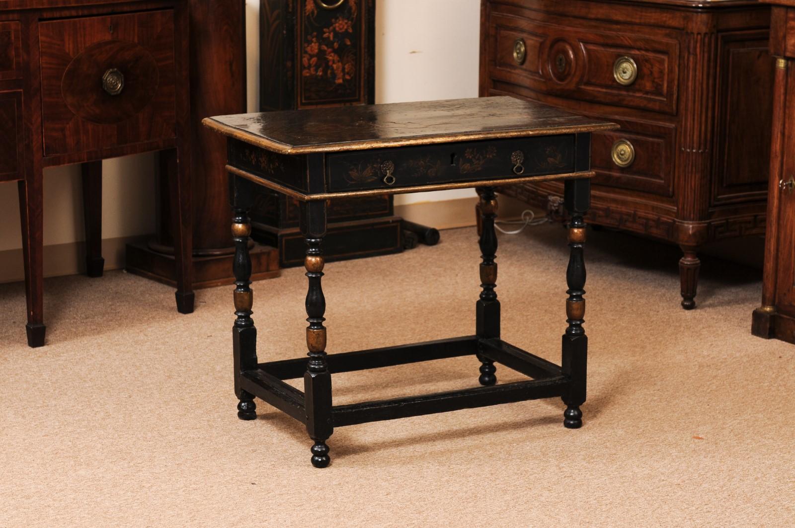 18th Century English Chinoiserie Decorated Side Table with Drawer, Turned Legs & Box Form Stretcher