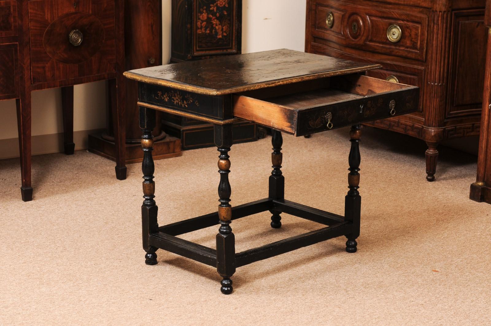 European 18th Century English Chinoiserie Decorated Side Table with Drawer, Turned Legs & For Sale