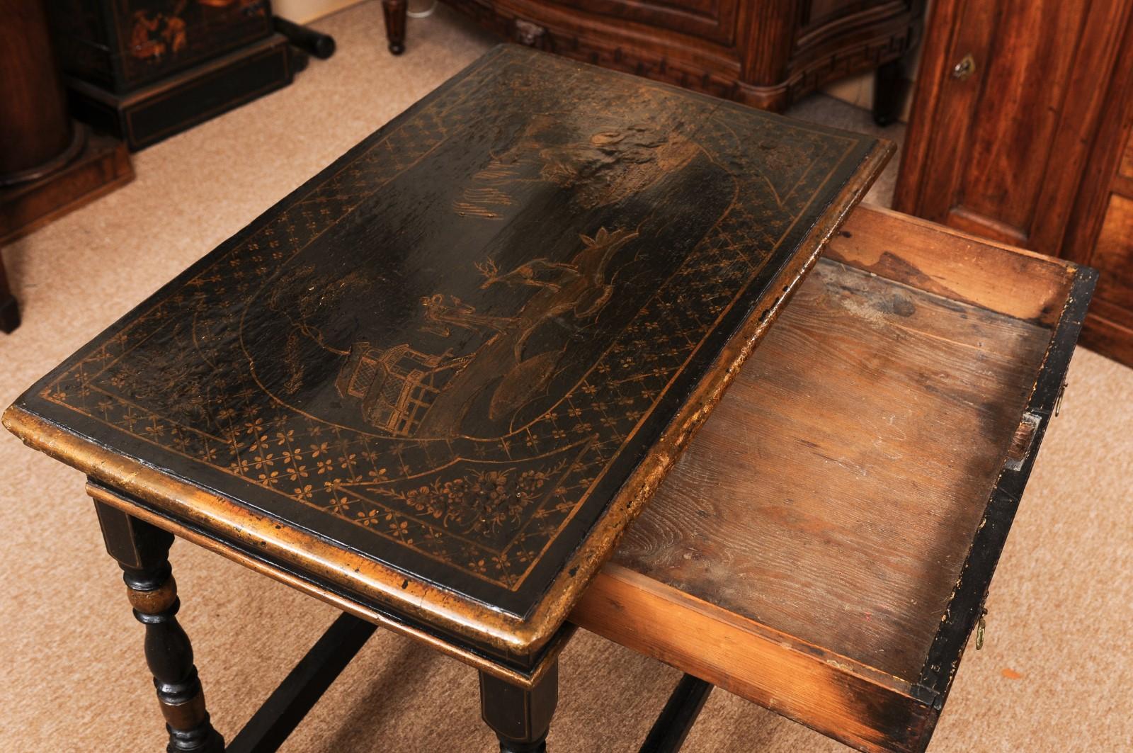 18th Century and Earlier 18th Century English Chinoiserie Decorated Side Table with Drawer, Turned Legs & For Sale