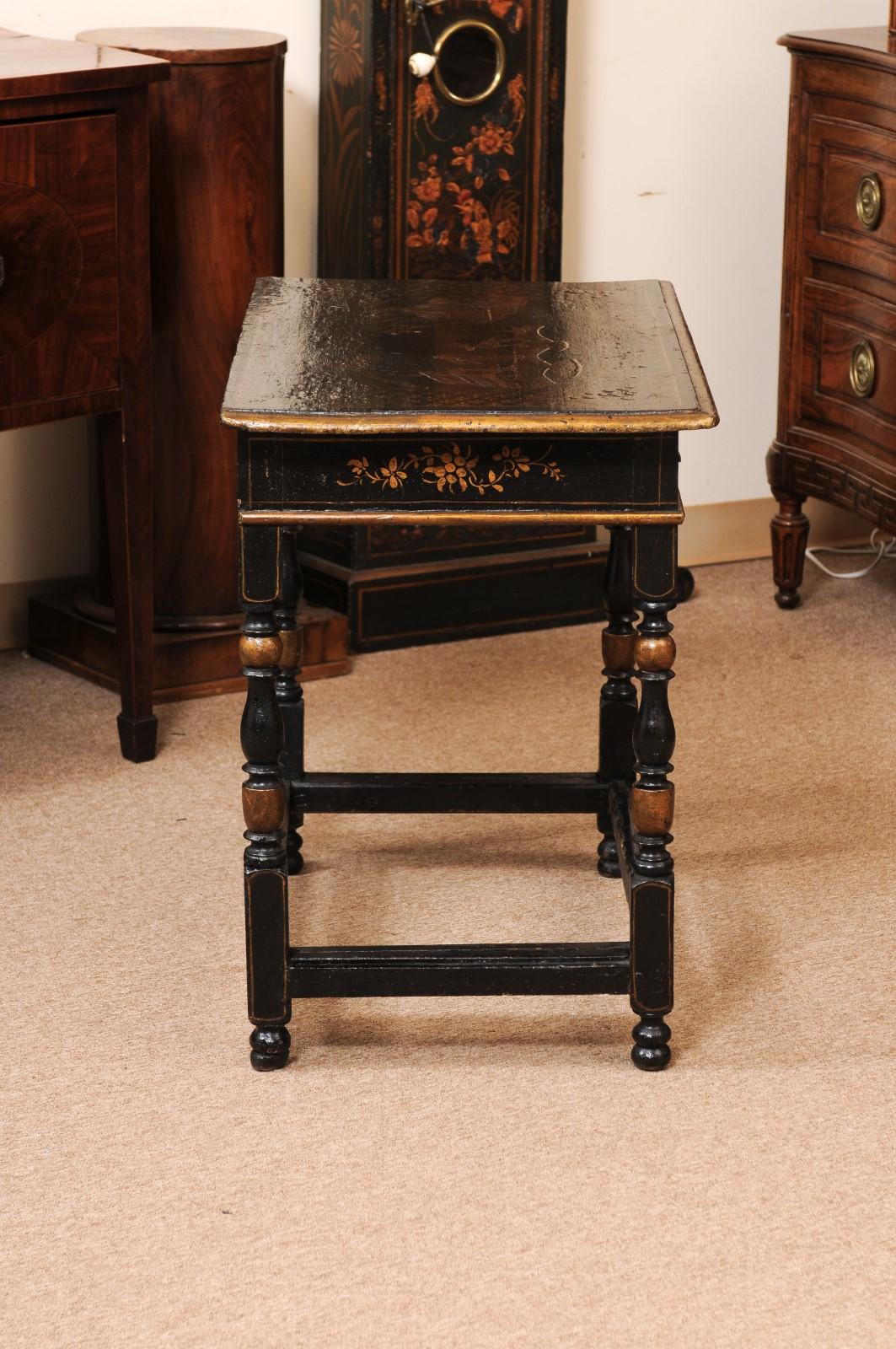 Wood 18th Century English Chinoiserie Decorated Side Table with Drawer, Turned Legs & For Sale