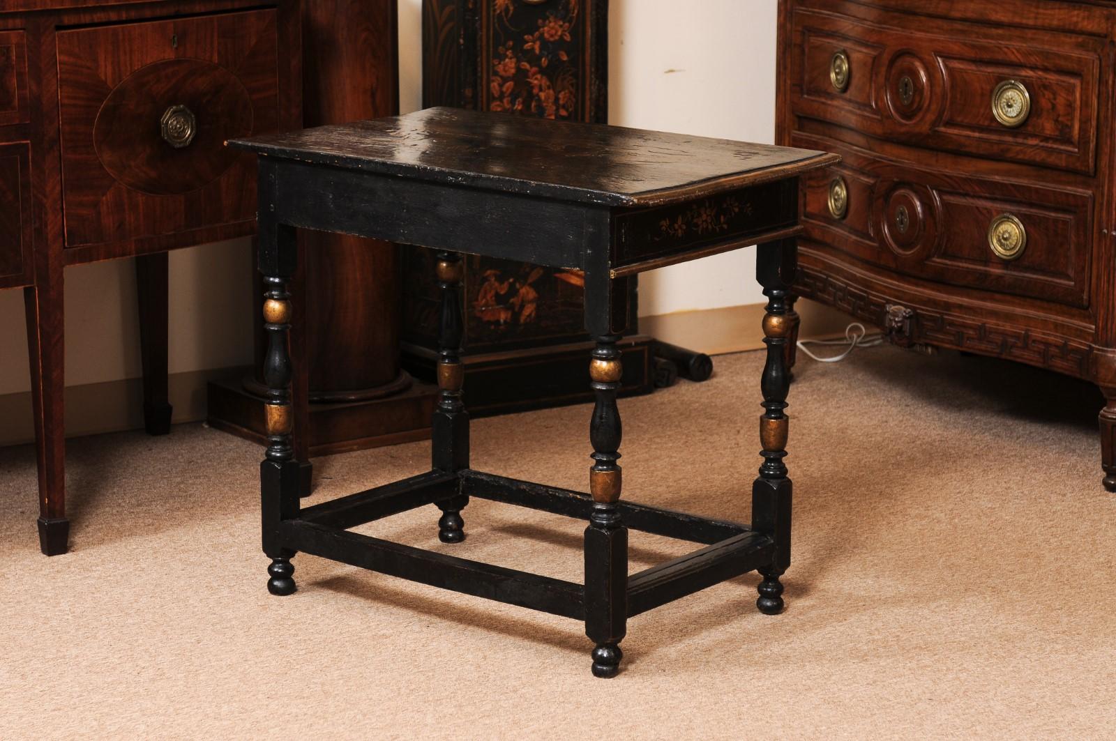 18th Century English Chinoiserie Decorated Side Table with Drawer, Turned Legs & For Sale 1