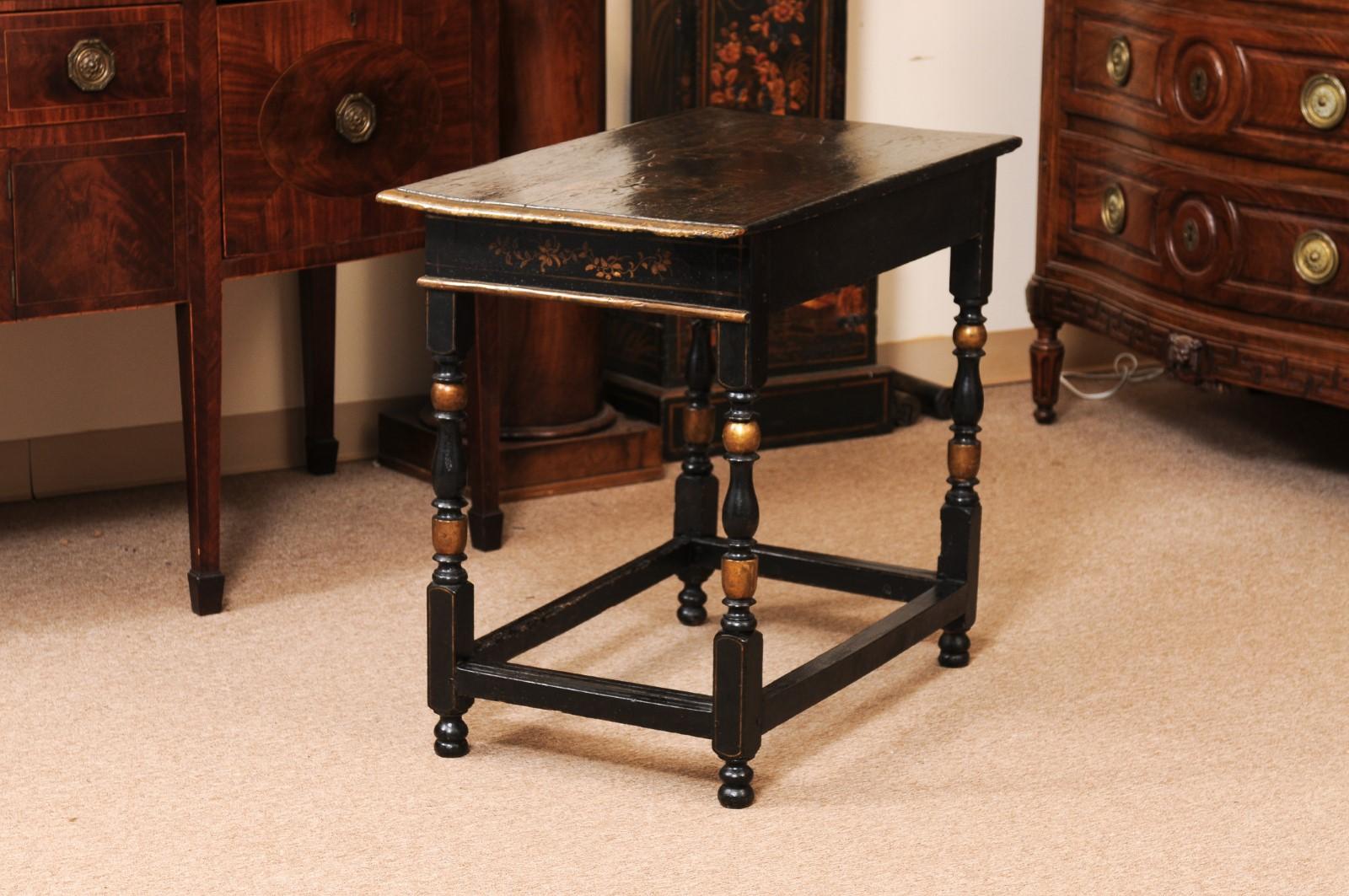 18th Century English Chinoiserie Decorated Side Table with Drawer, Turned Legs & For Sale 3