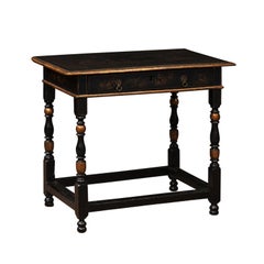 18th Century English Chinoiserie Decorated Side Table with Drawer, Turned Legs &