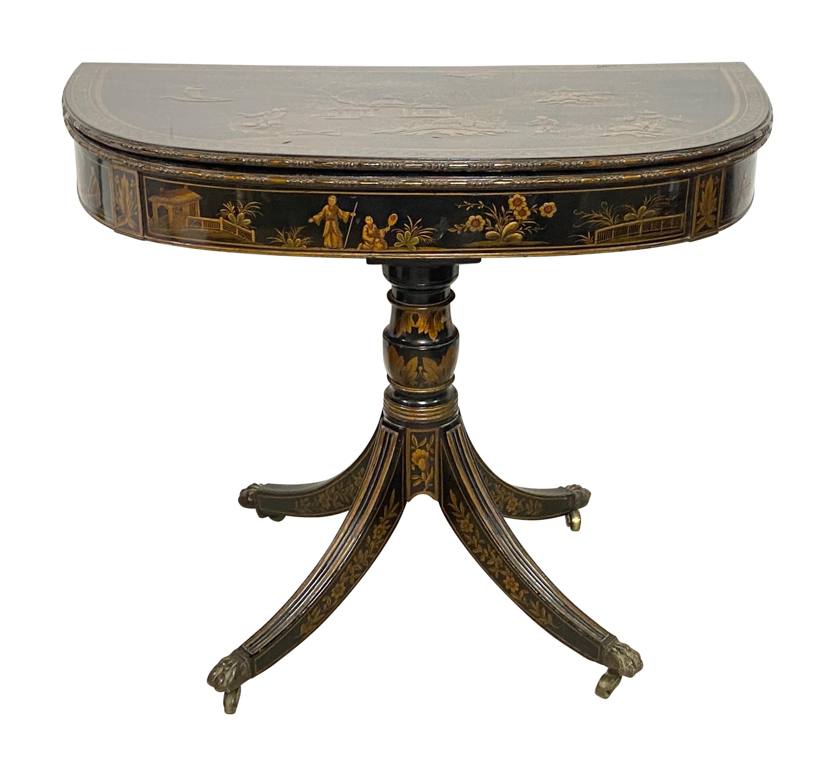 Hand-Painted 18th Century English Chinoiserie Demi-lune Console / Games Table For Sale
