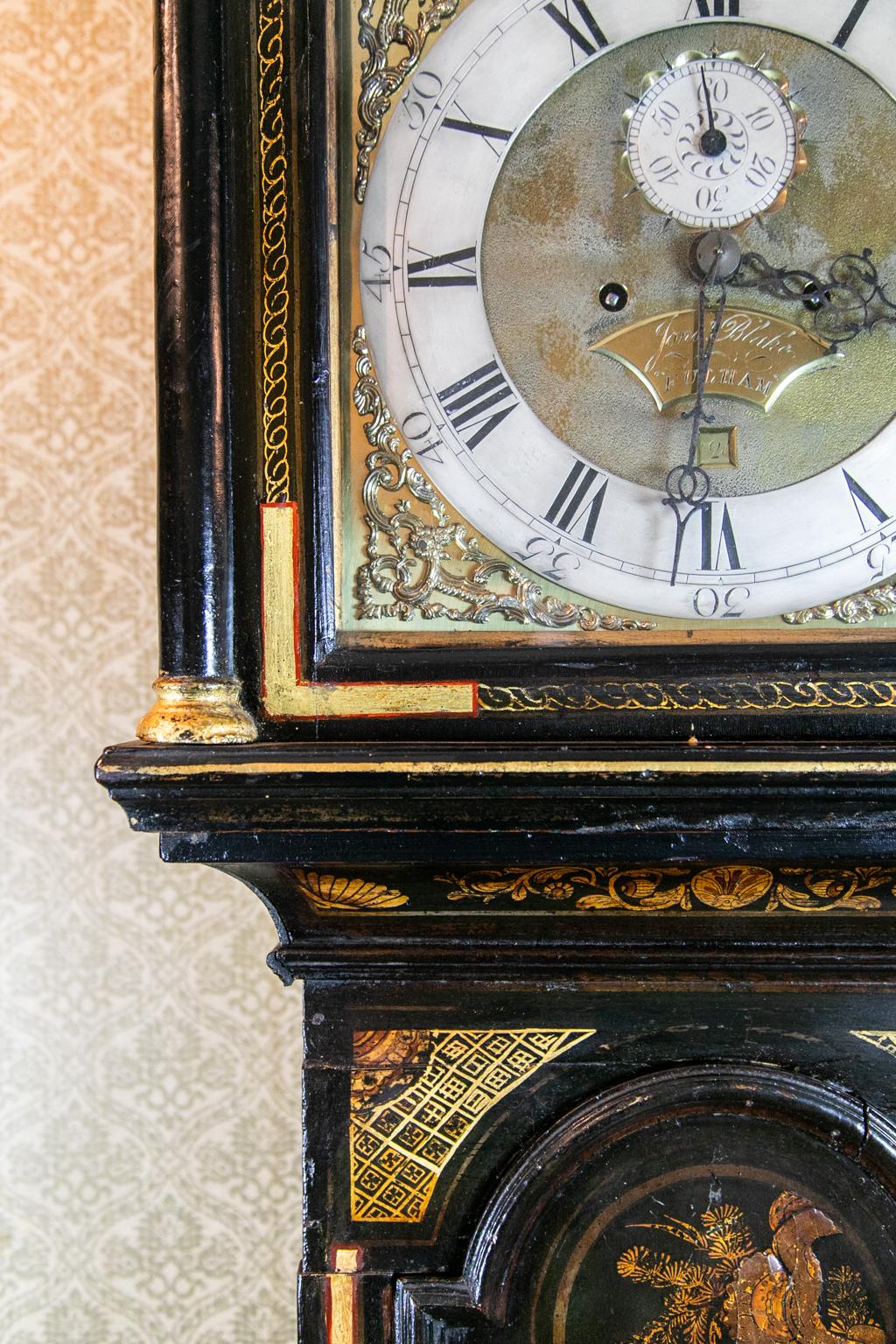 18th century English chinoiserie grandfather clock, by Jonathan Blake of Fulham, England. It has a strike and silent mode and is in working order.