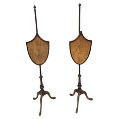 18th Century, English Chippendale Mahogany Needlepoint Shield Back Pole Screens