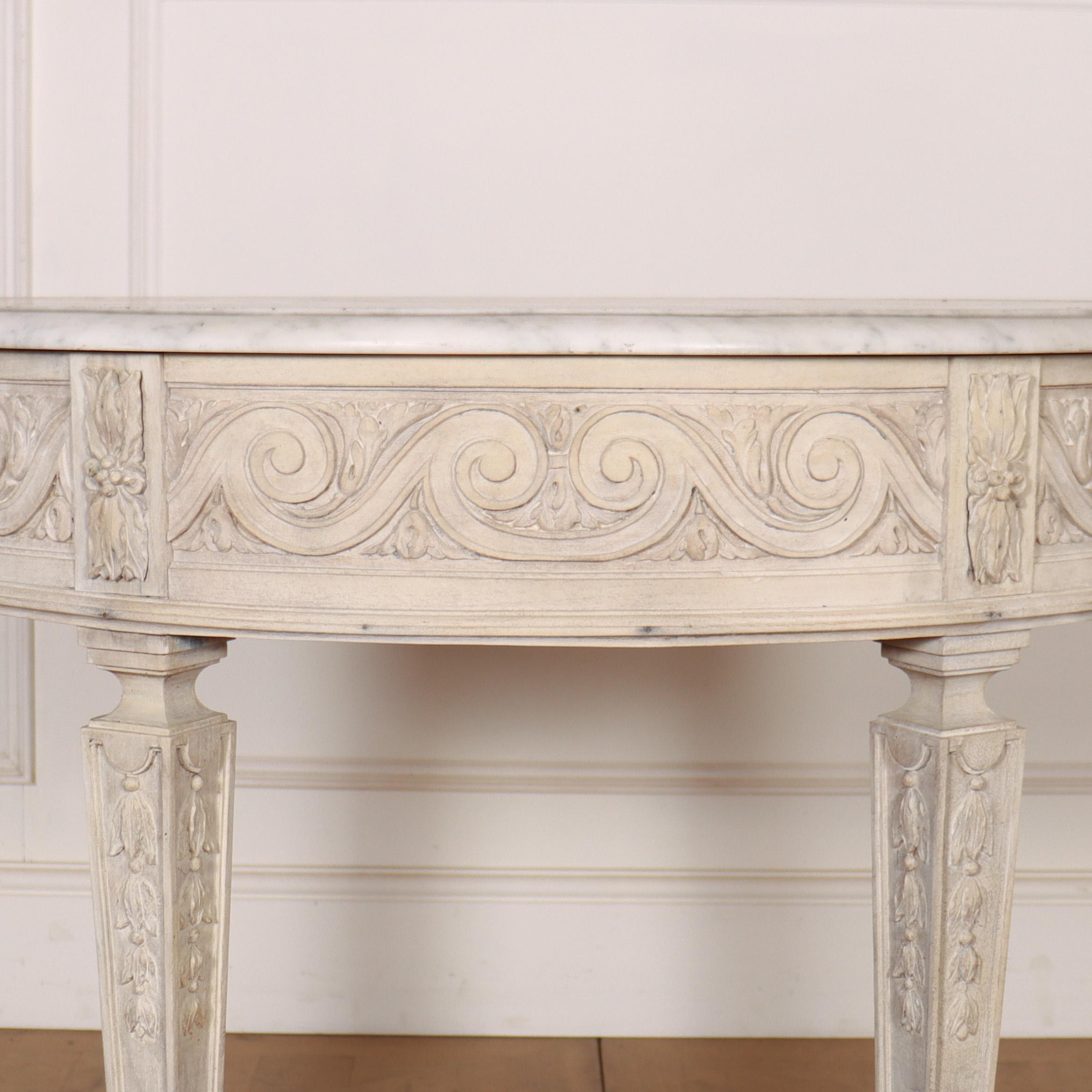 Pretty 18th C English carved and bleached walnut demi lune console table with a marble top. 1790.

Reference: 8012

Dimensions
34.5 inches (88 cms) Wide
19 inches (48 cms) Deep
29.5 inches (75 cms) High