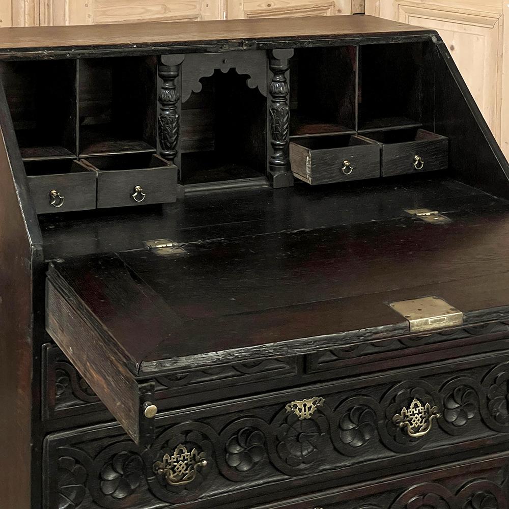 Brass 18th Century English Country Secretary in Hand-Carved Oak For Sale