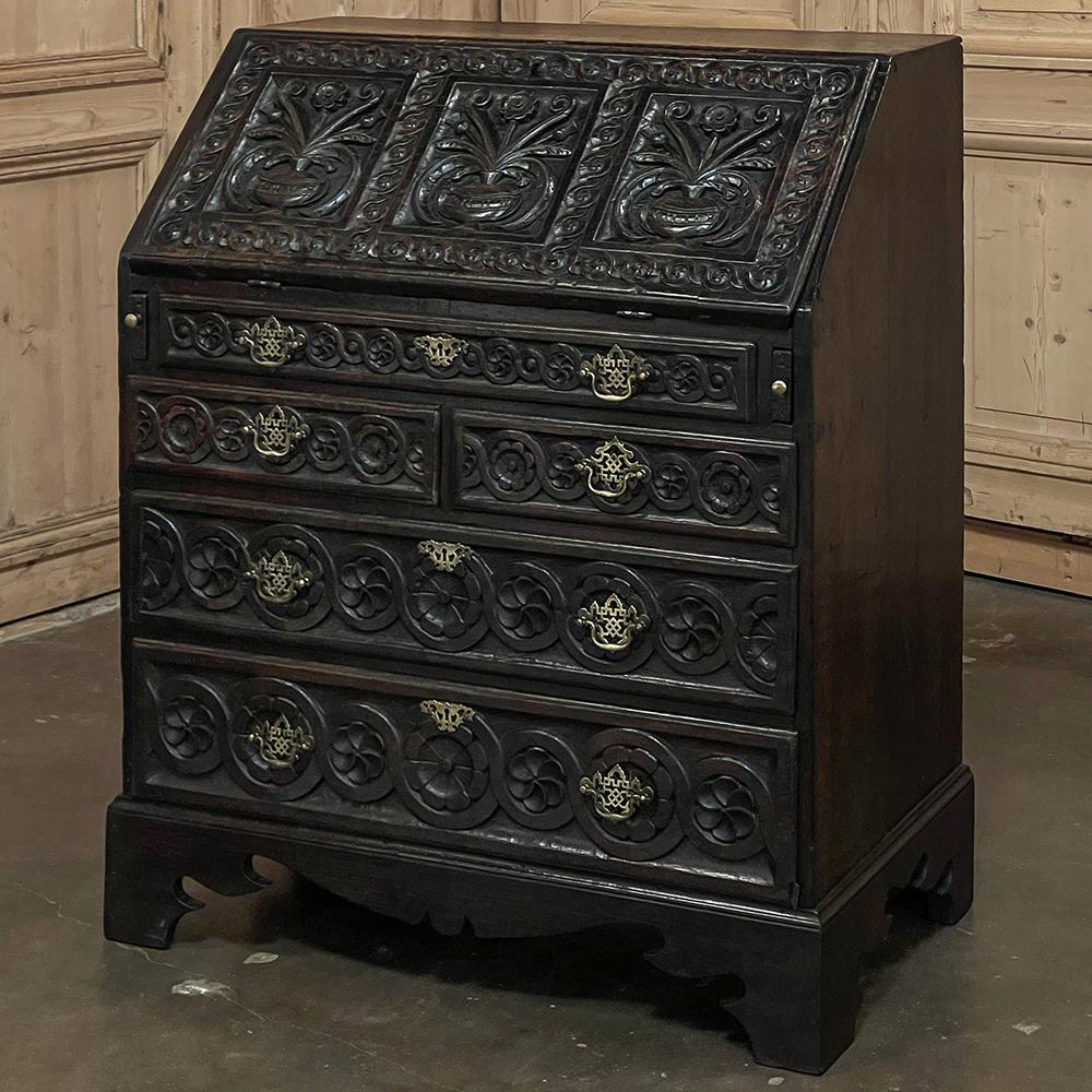 Neoclassical 18th Century English Country Secretary in Hand-Carved Oak For Sale