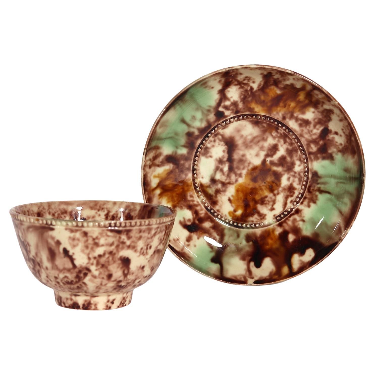 18th-century English Creamware Whieldon-type Tortoiseshell Tea Bowl & Saucer For Sale