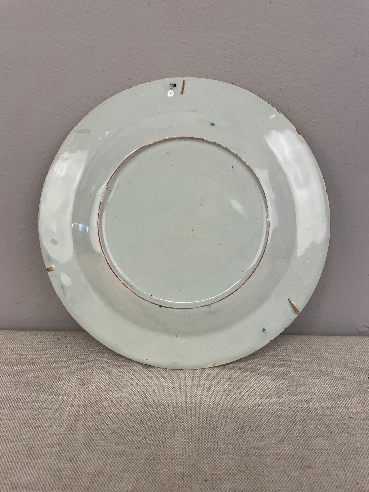 18th Century English Delft Tin Glaze Faience Polychrome Plate For Sale 3
