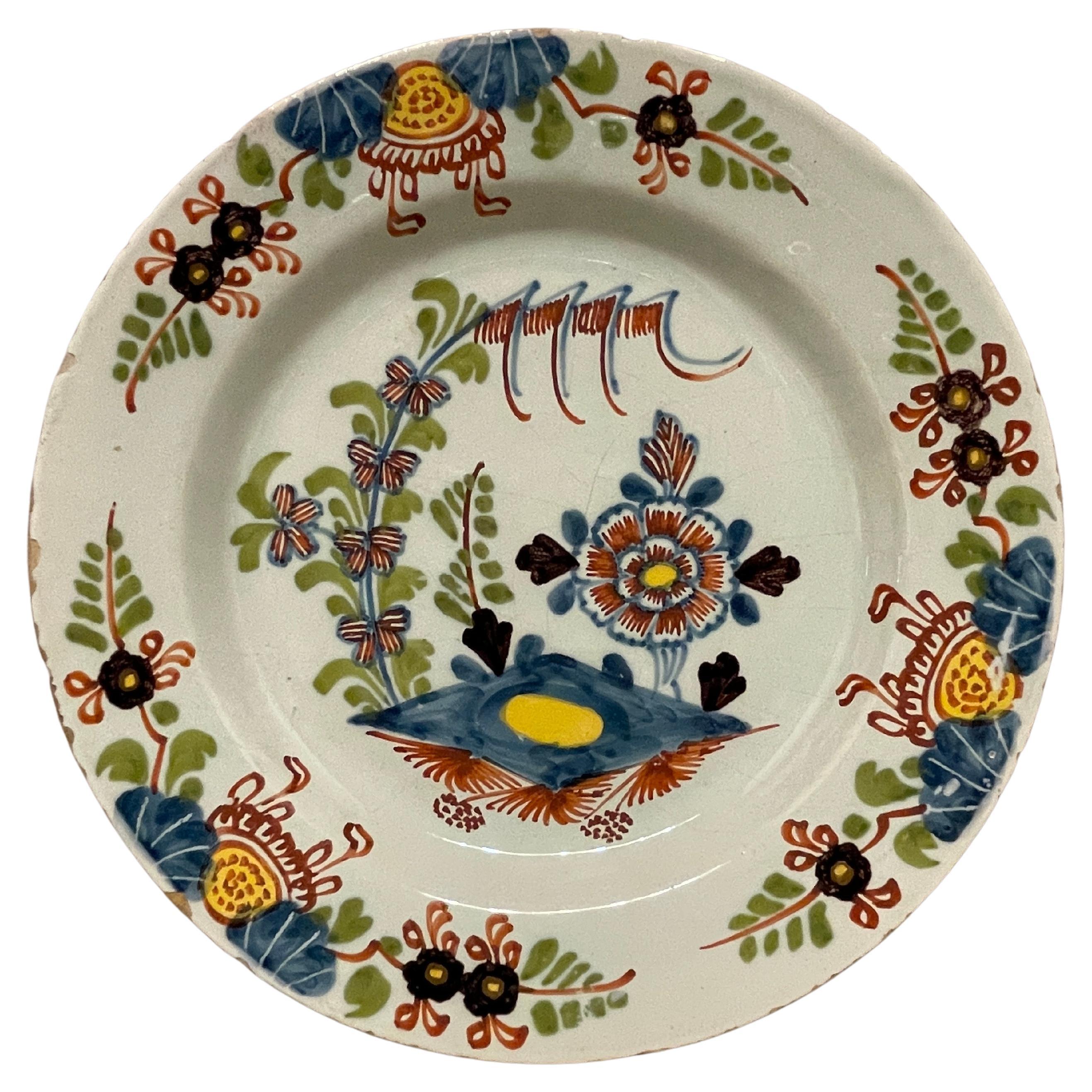 18th Century English Delft Tin Glaze Faience Polychrome Plate For Sale