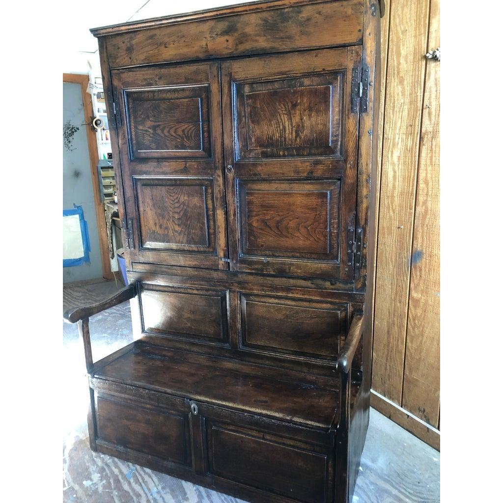 Neoclassical 18th Century English Elm and Ash Bacon Settle Cabinet with Attached Bench