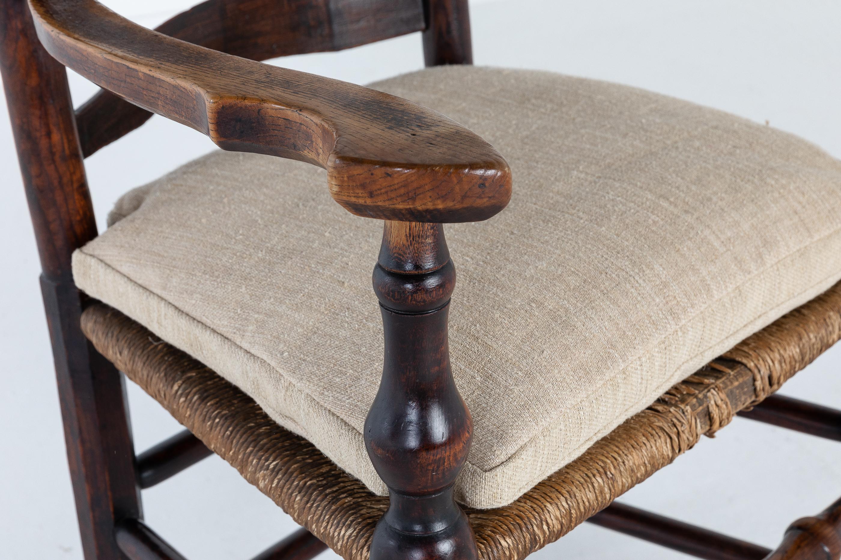 Rush 18th Century English Elm Ladder-Back Carver Chair