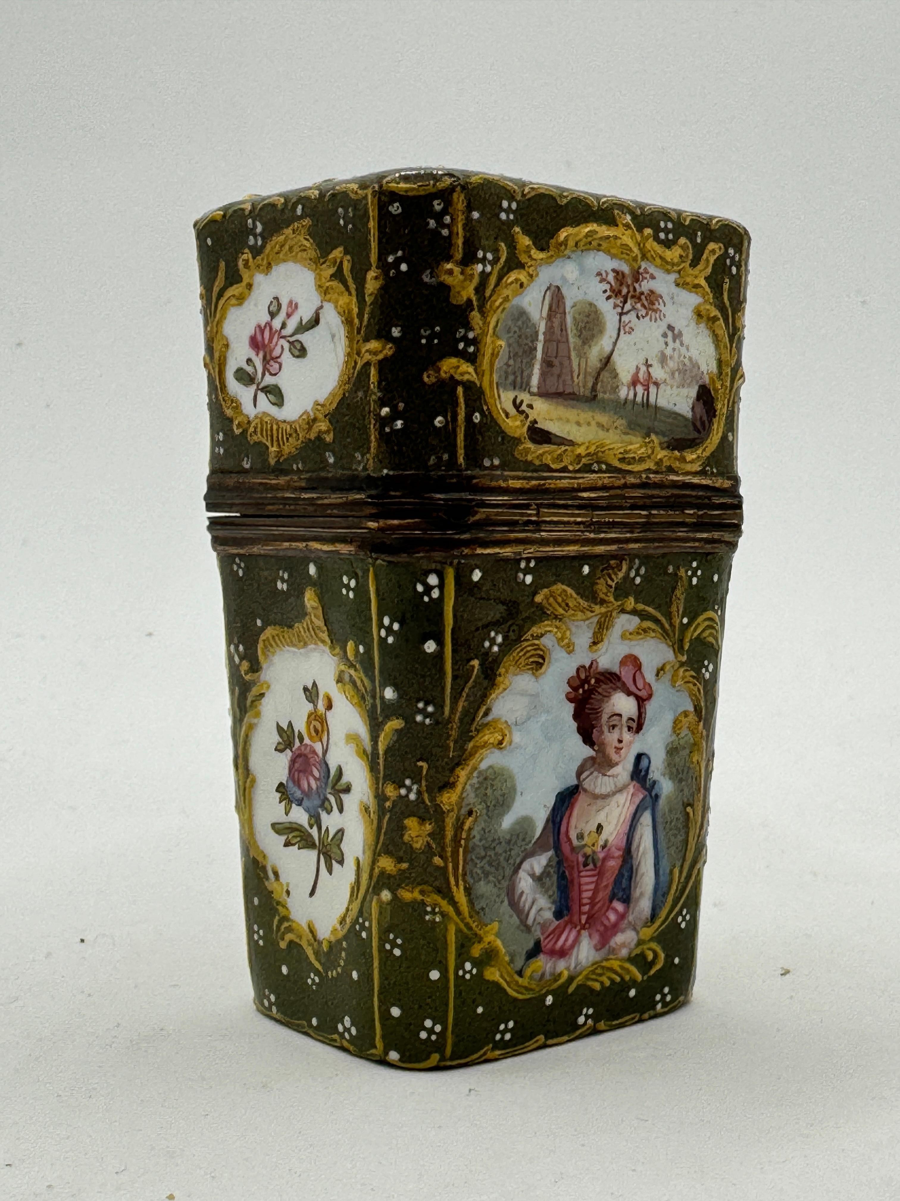 Hand-Painted 18th Century English Enamel Etui with Scent Bottles